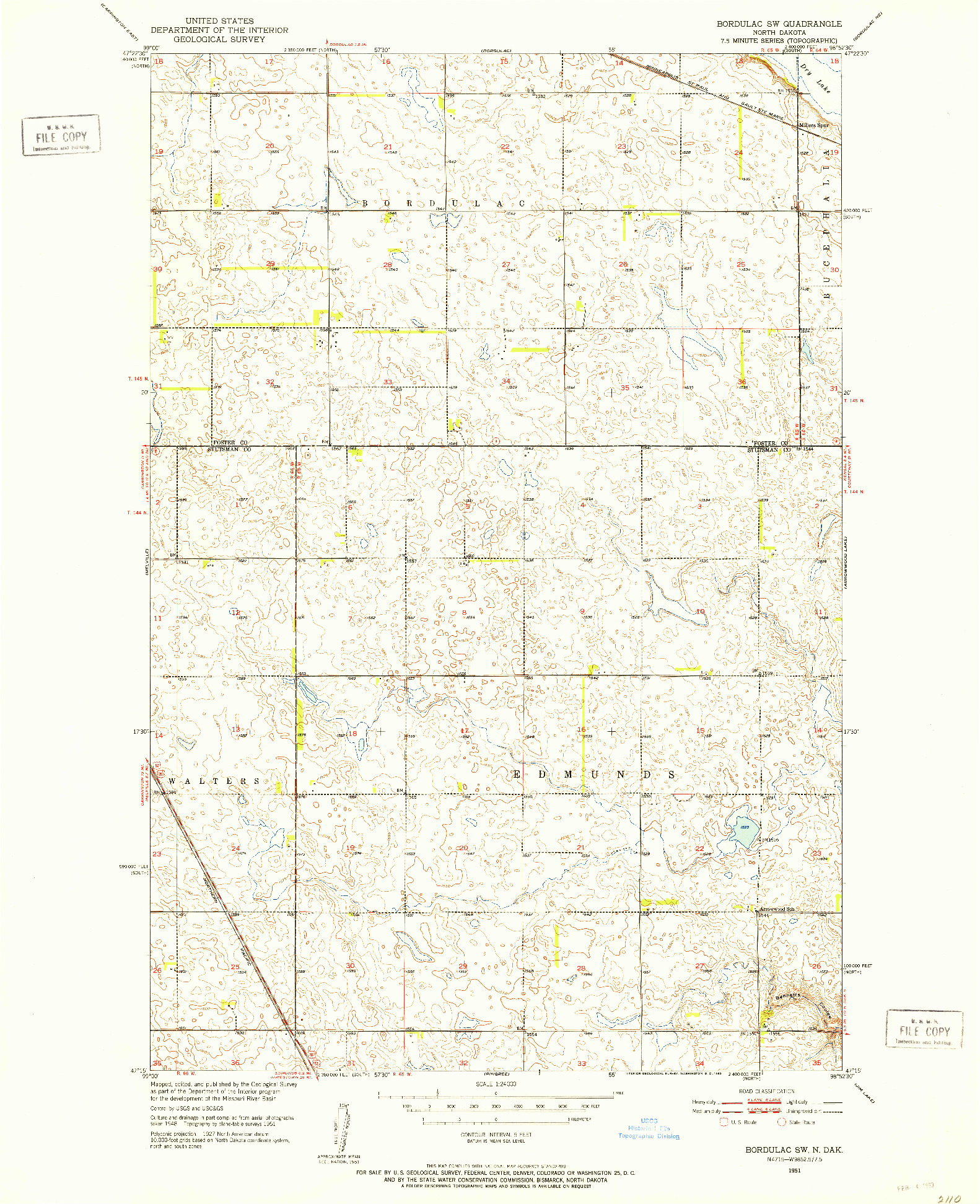 USGS 1:24000-SCALE QUADRANGLE FOR BORDULAC SW, ND 1951