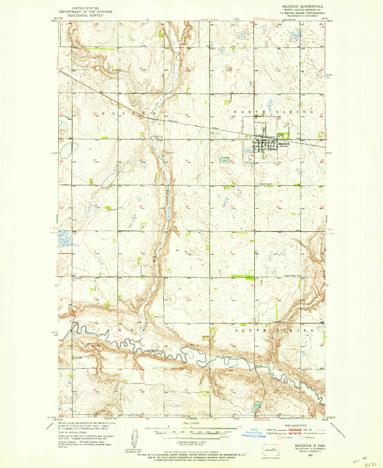 USGS 1:24000-SCALE QUADRANGLE FOR MADDOCK, ND 1951