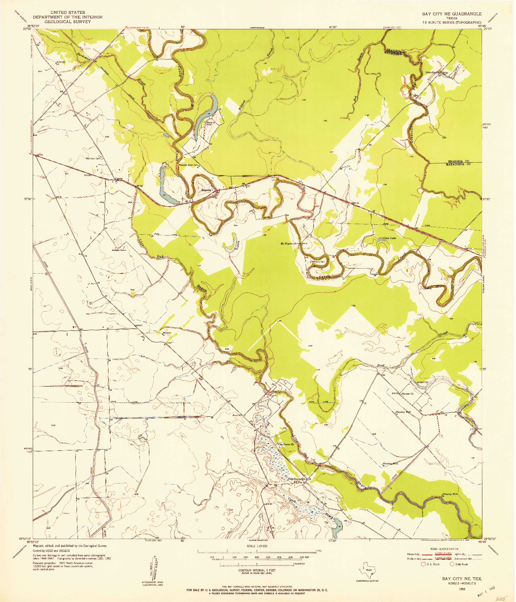 USGS 1:24000-SCALE QUADRANGLE FOR BAY CITY NE, TX 1952