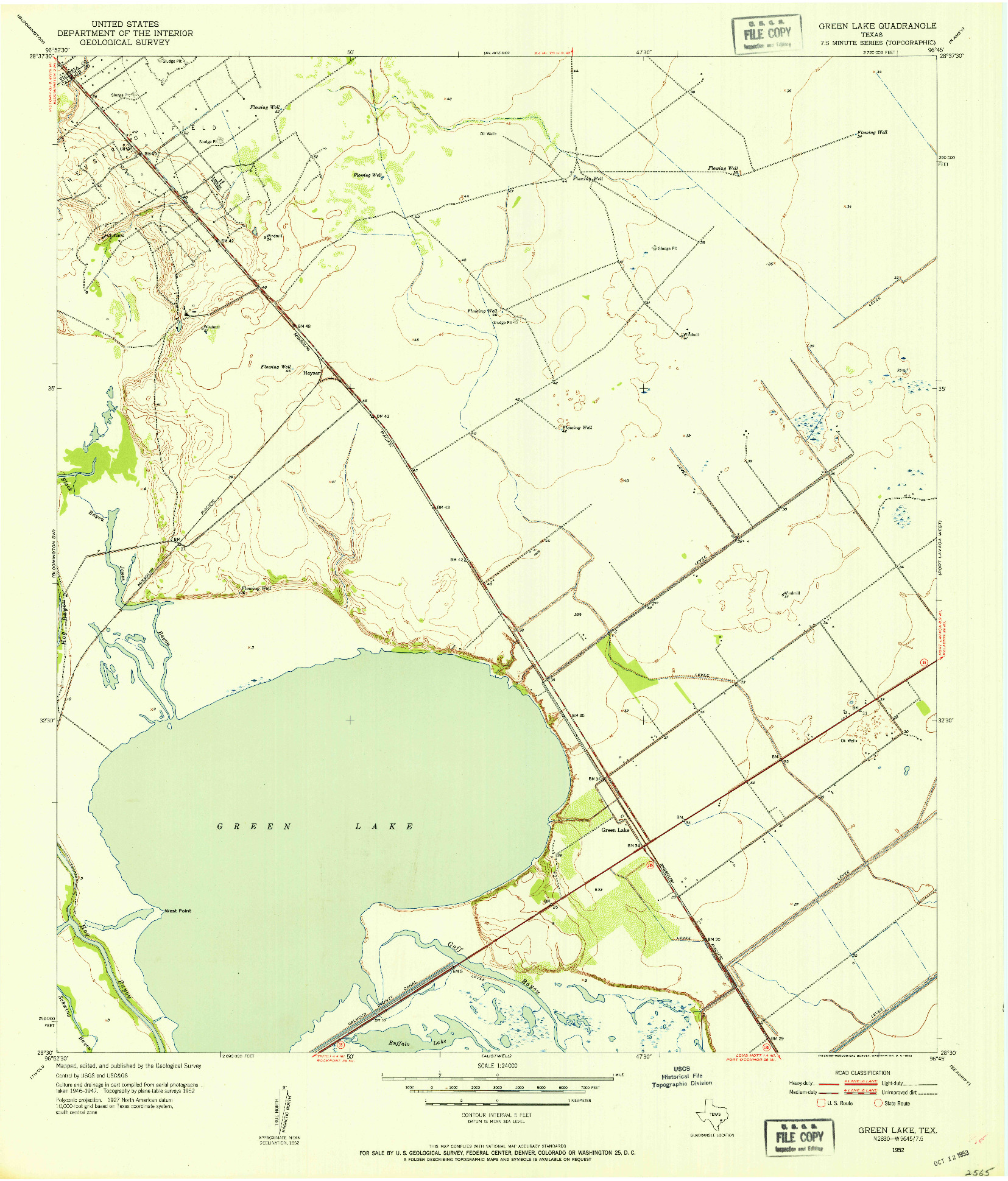 USGS 1:24000-SCALE QUADRANGLE FOR GREEN LAKE, TX 1952