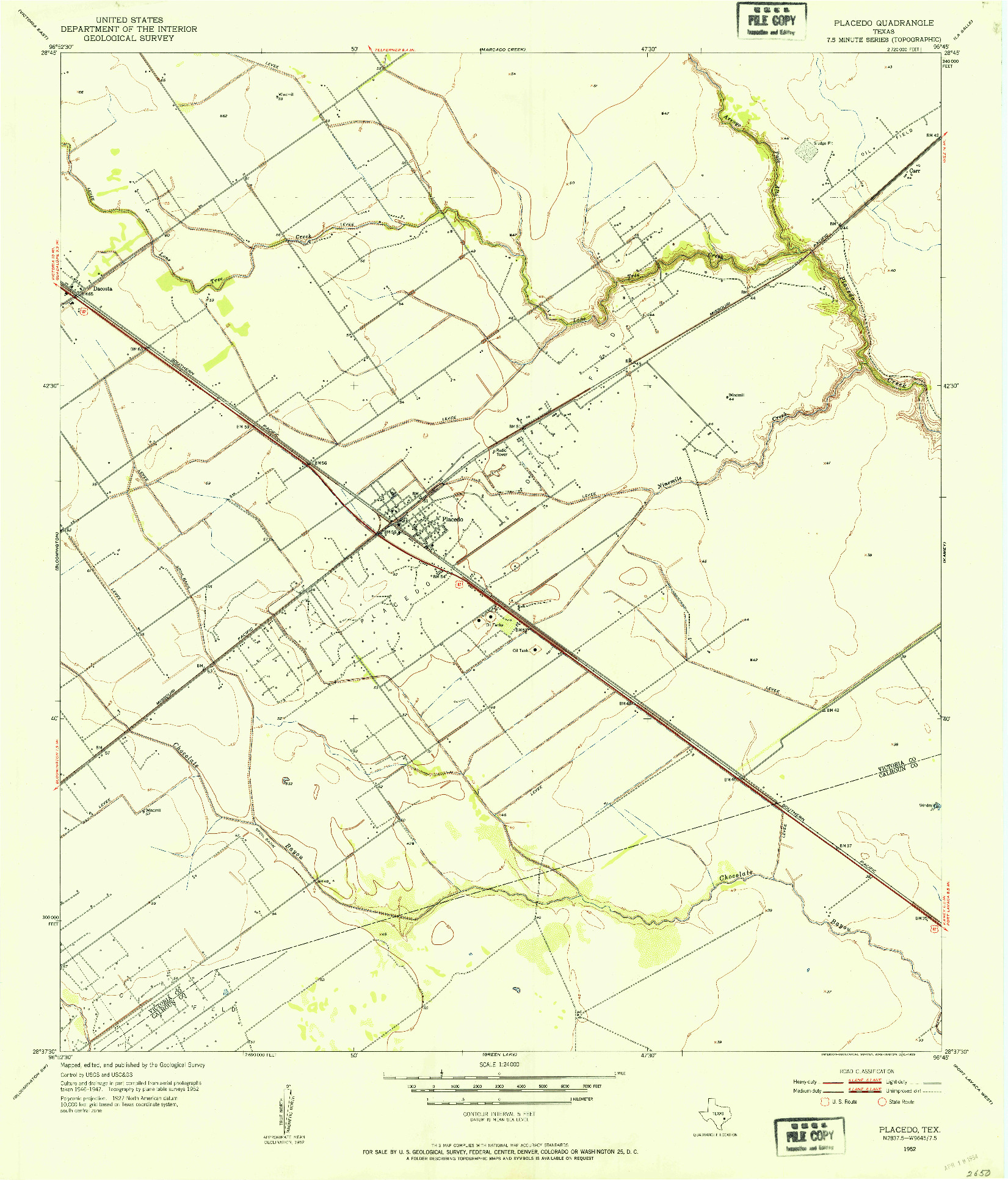 USGS 1:24000-SCALE QUADRANGLE FOR PLACEDO, TX 1952