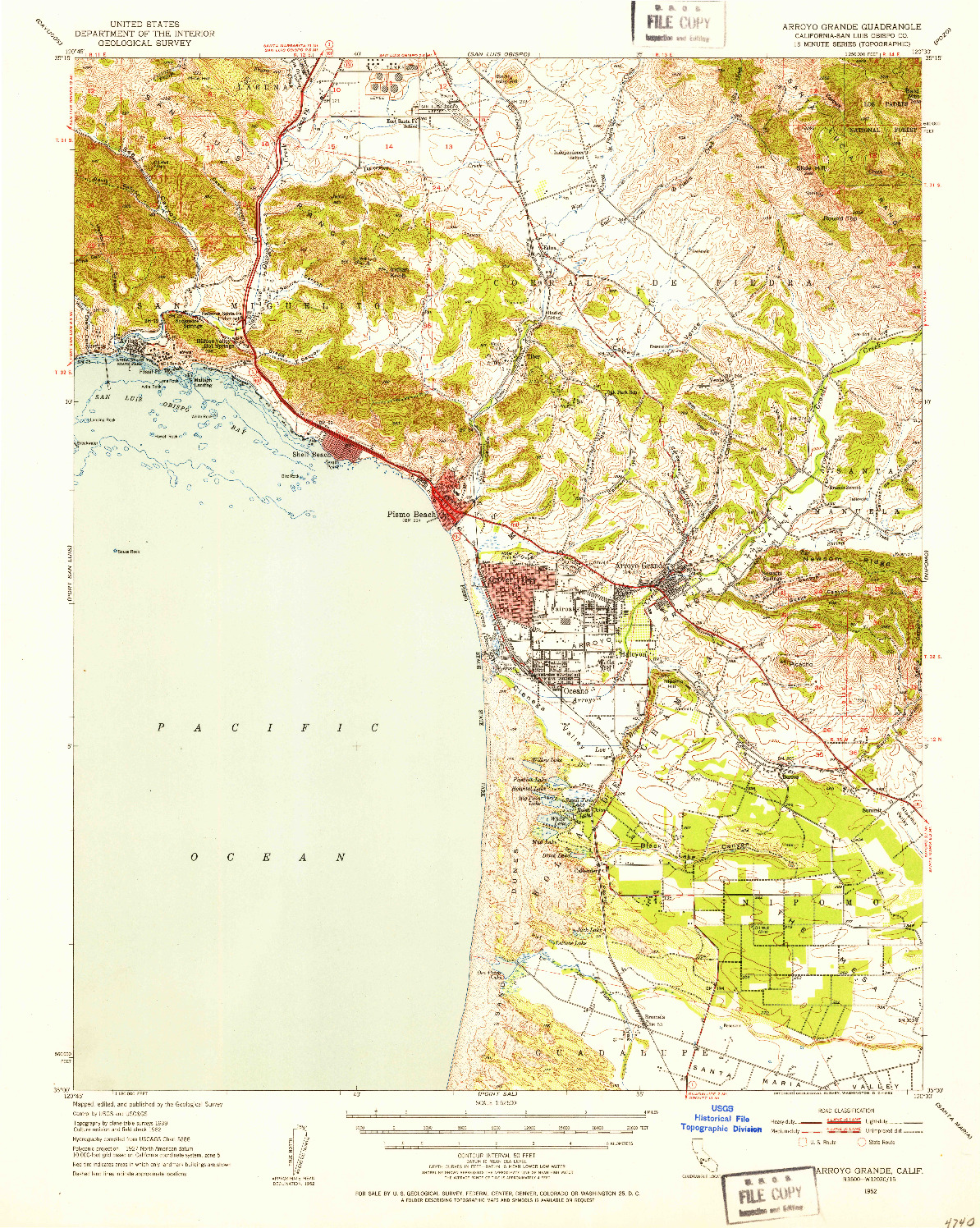 USGS 1:62500-SCALE QUADRANGLE FOR ARROYO GRANDE, CA 1952