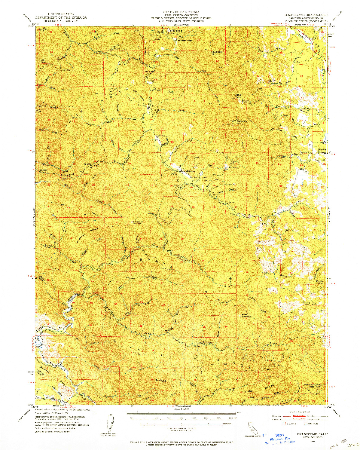 USGS 1:62500-SCALE QUADRANGLE FOR BRANSCOMB, CA 1951