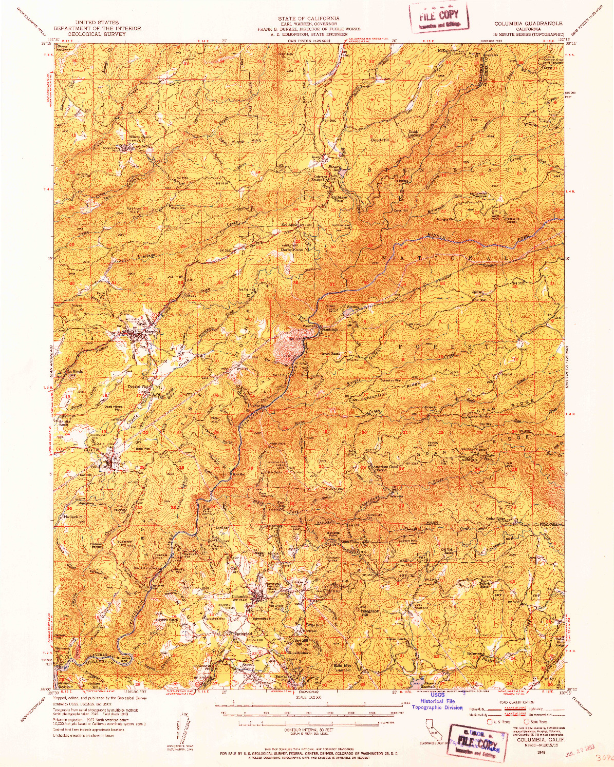 USGS 1:62500-SCALE QUADRANGLE FOR COLUMBIA, CA 1948