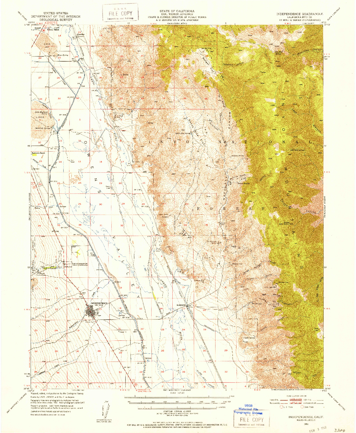 USGS 1:62500-SCALE QUADRANGLE FOR INDEPENDENCE, CA 1951