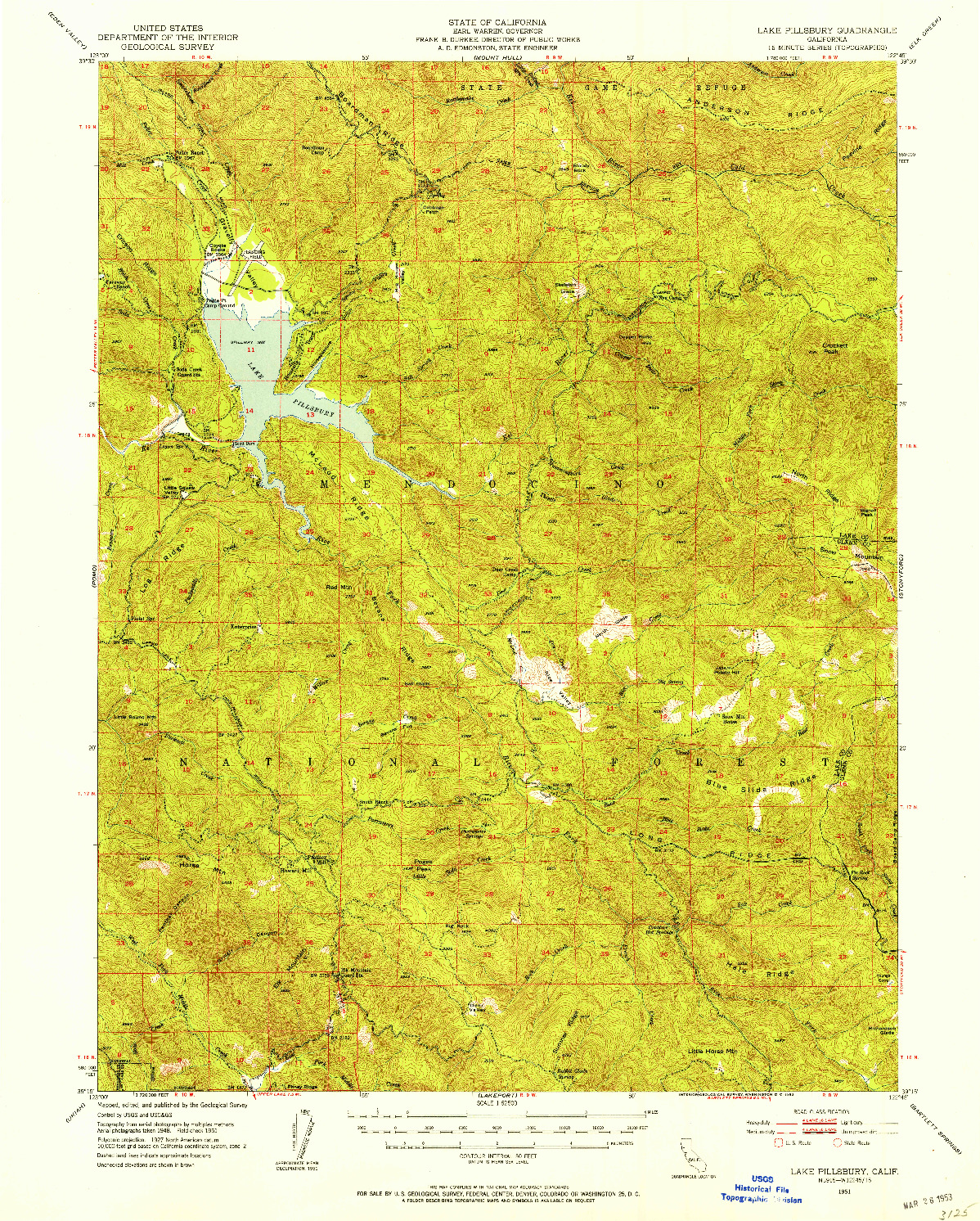 USGS 1:62500-SCALE QUADRANGLE FOR LAKE PILLSBURY, CA 1951