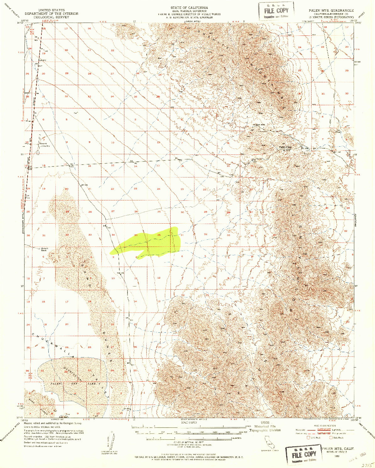 USGS 1:62500-SCALE QUADRANGLE FOR PALEN MOUNTAINS, CA 1952