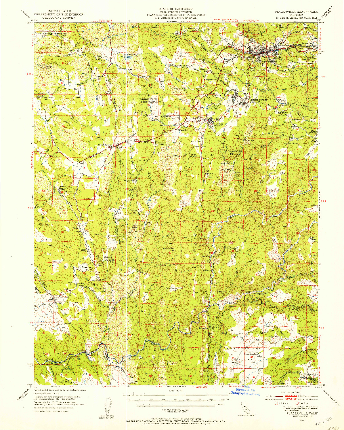 USGS 1:62500-SCALE QUADRANGLE FOR PLACERVILLE, CA 1949