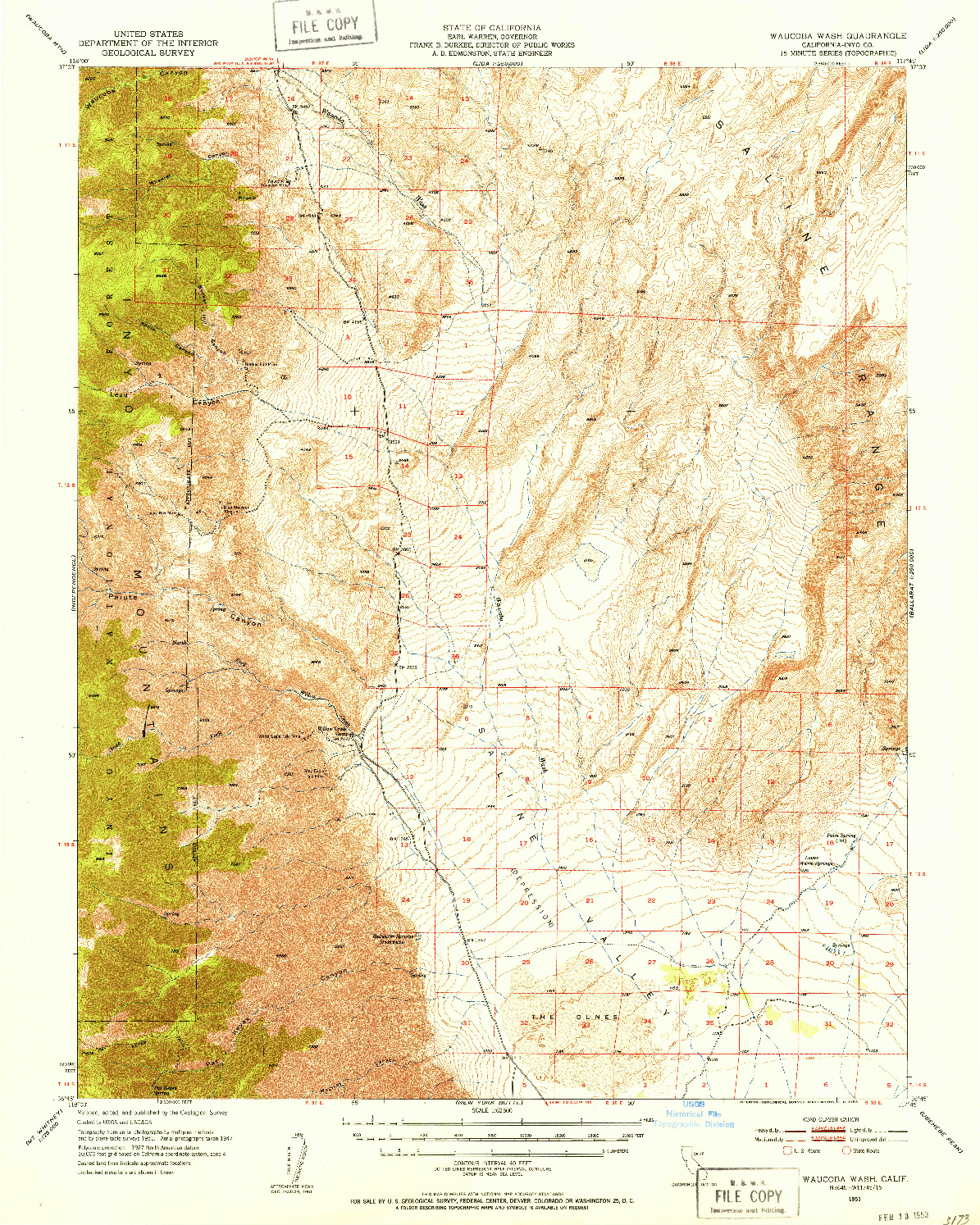 USGS 1:62500-SCALE QUADRANGLE FOR WAUCOBA WASH, CA 1951
