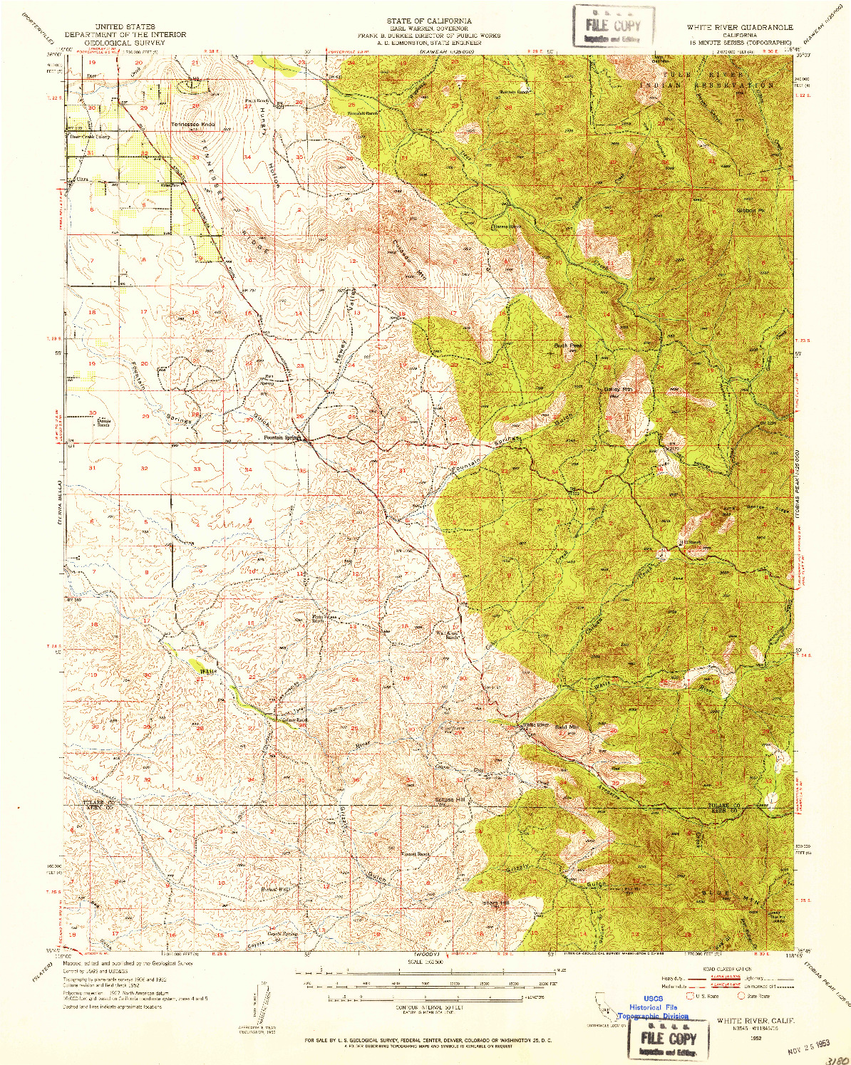 USGS 1:62500-SCALE QUADRANGLE FOR WHITE RIVER, CA 1952