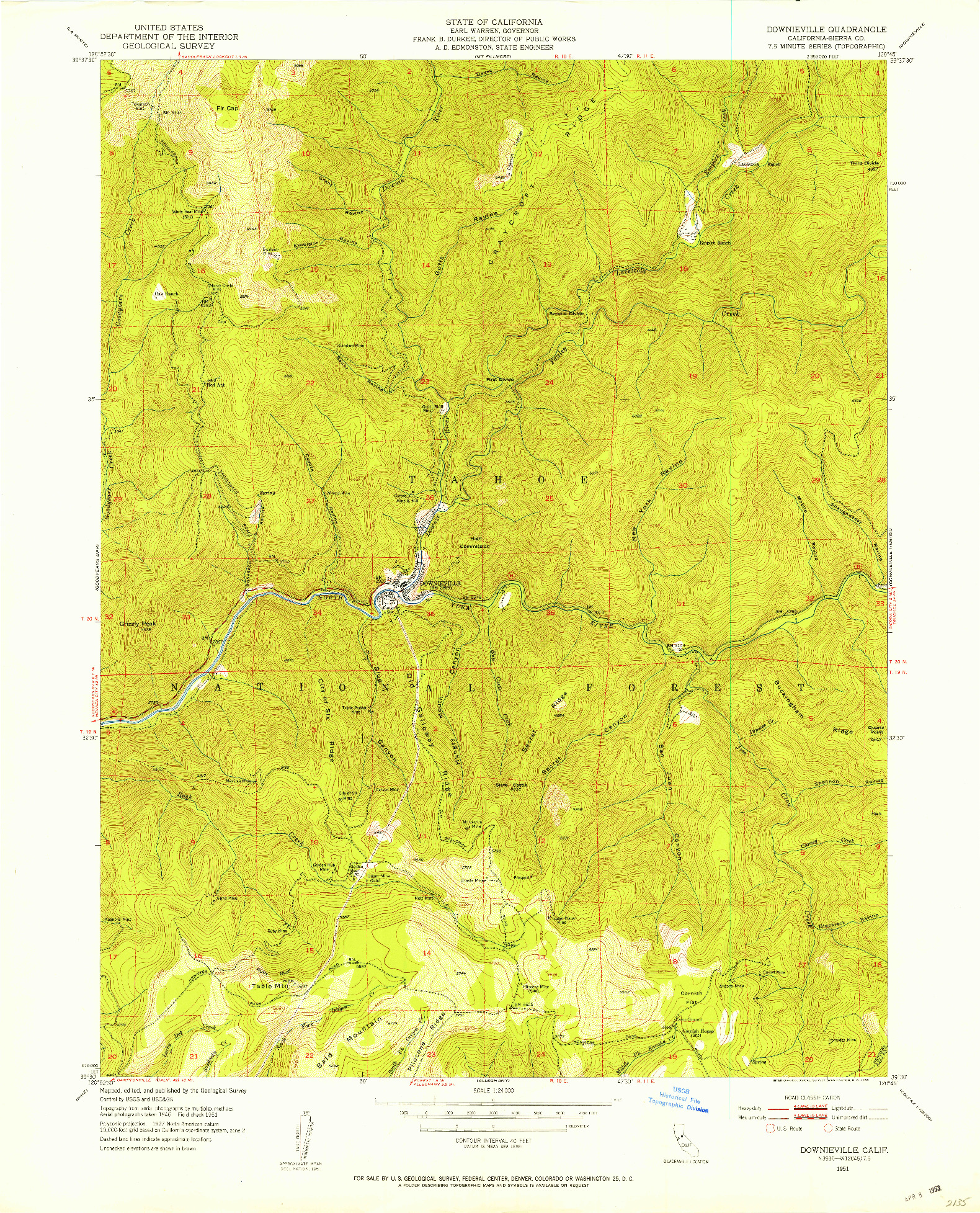 USGS 1:24000-SCALE QUADRANGLE FOR DOWNIEVILLE, CA 1951