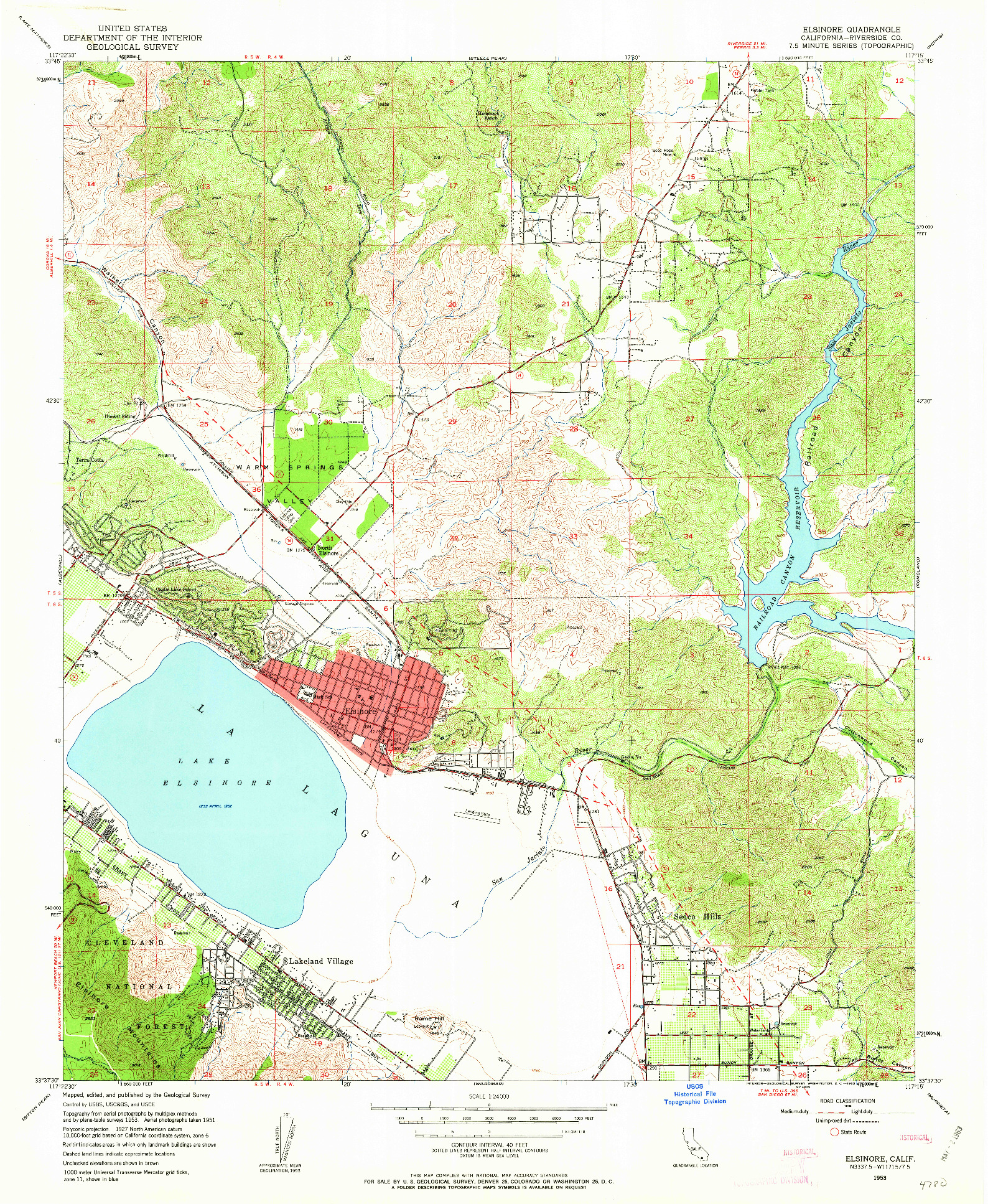 USGS 1:24000-SCALE QUADRANGLE FOR ELSINORE, CA 1953