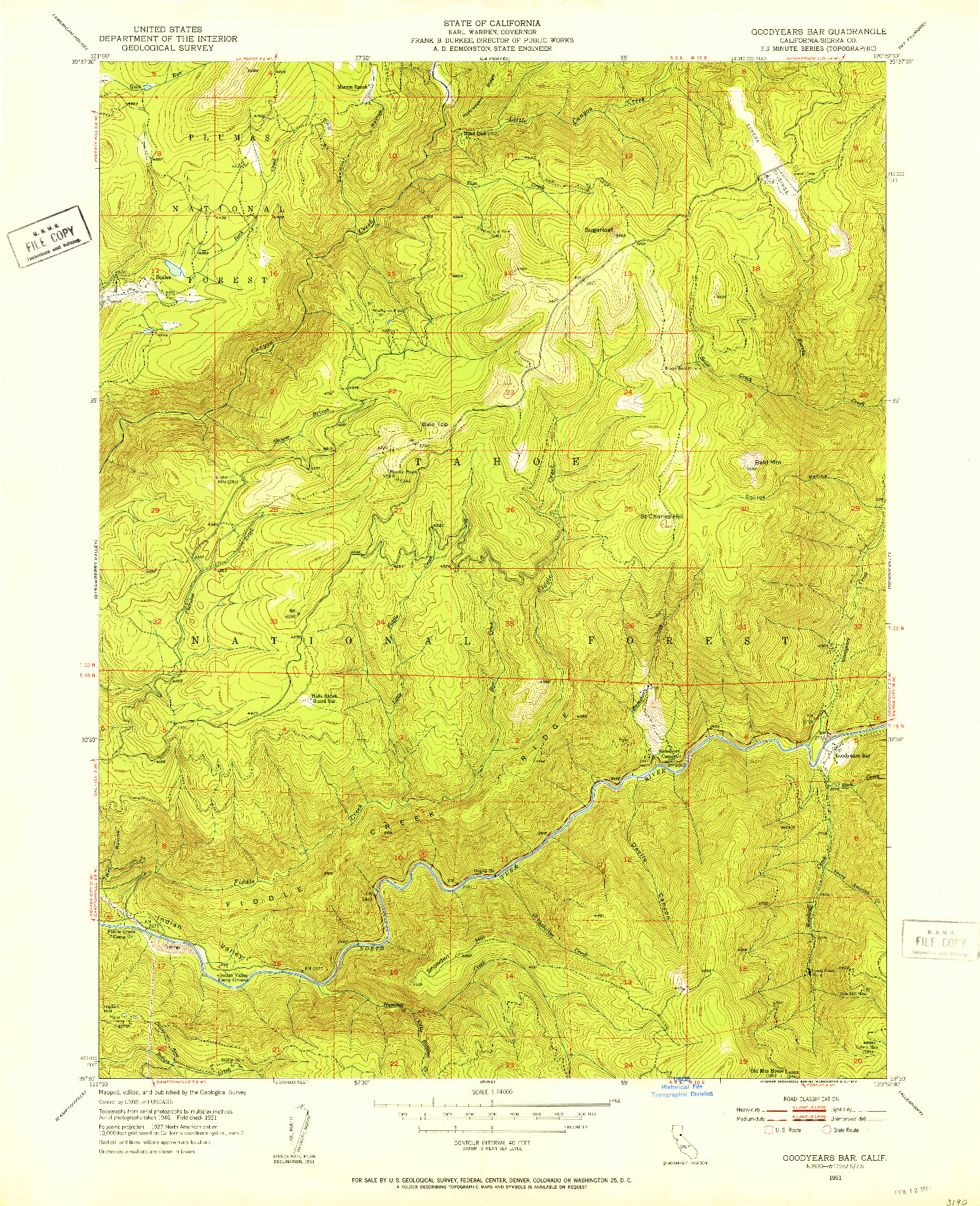 USGS 1:24000-SCALE QUADRANGLE FOR GOODYEARS BAR, CA 1951