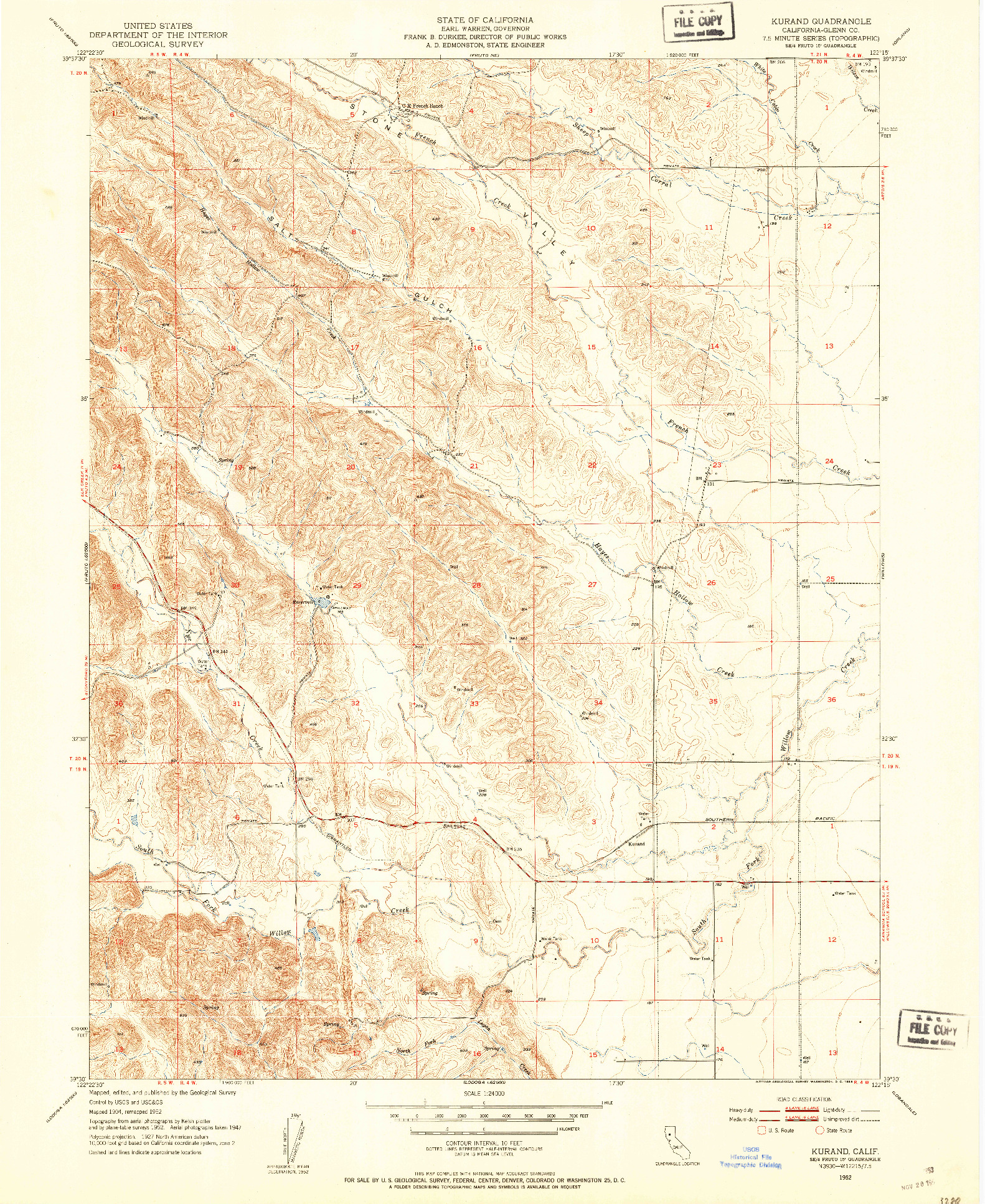 USGS 1:24000-SCALE QUADRANGLE FOR KURAND, CA 1952