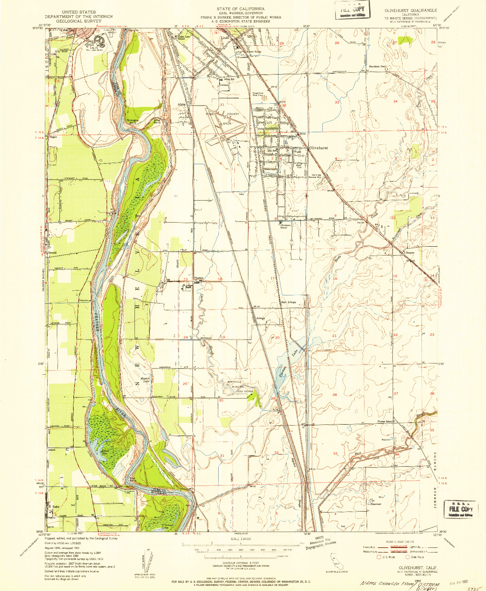 USGS 1:24000-SCALE QUADRANGLE FOR OLIVEHURST, CA 1952