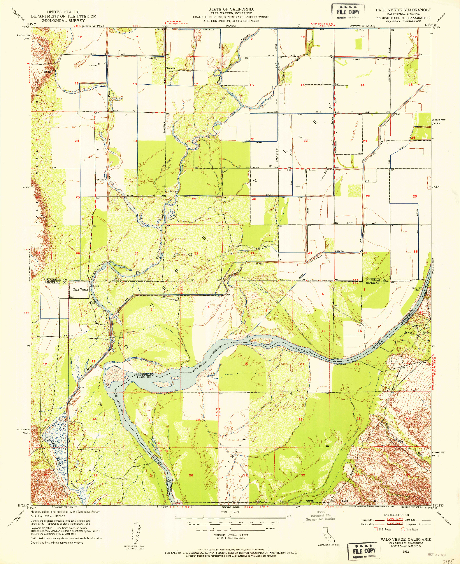 USGS 1:24000-SCALE QUADRANGLE FOR PALO VERDE, CA 1952