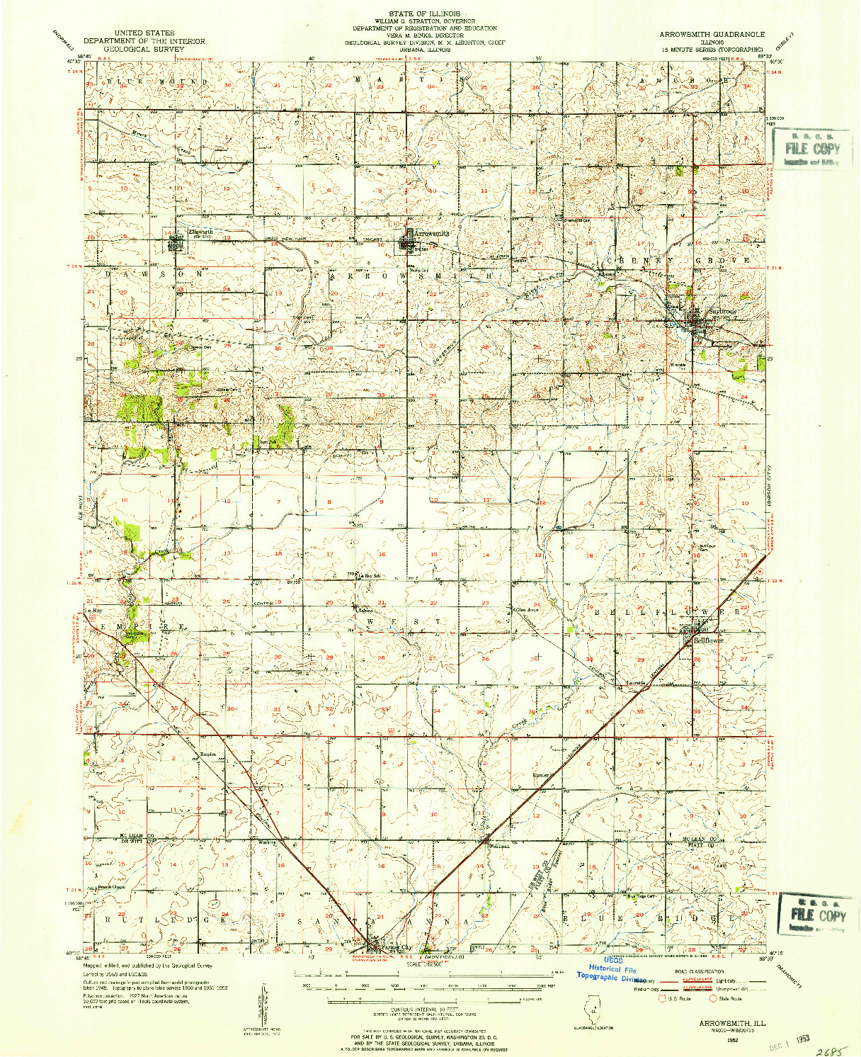 USGS 1:62500-SCALE QUADRANGLE FOR ARROWSMITH, IL 1952