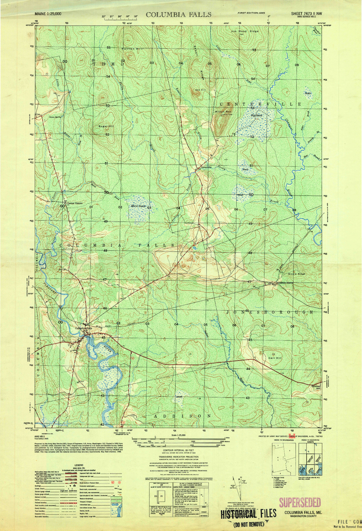 USGS 1:25000-SCALE QUADRANGLE FOR COLUMBIA FALLS, ME 1953