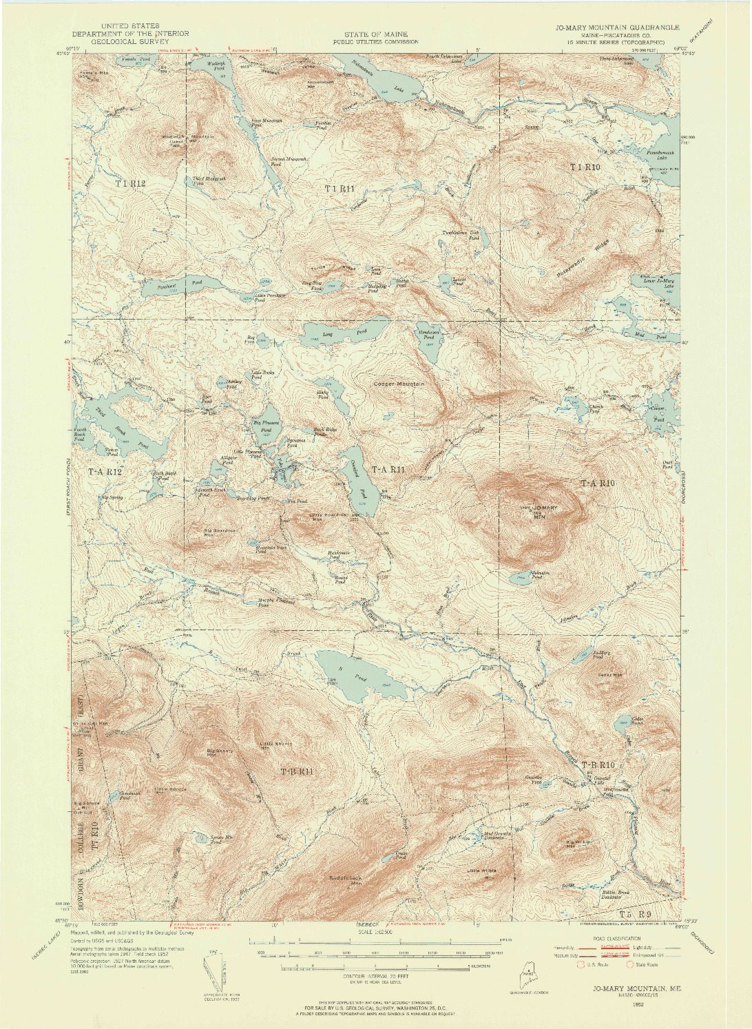 USGS 1:62500-SCALE QUADRANGLE FOR JO MARY MOUNTAIN, ME 1952