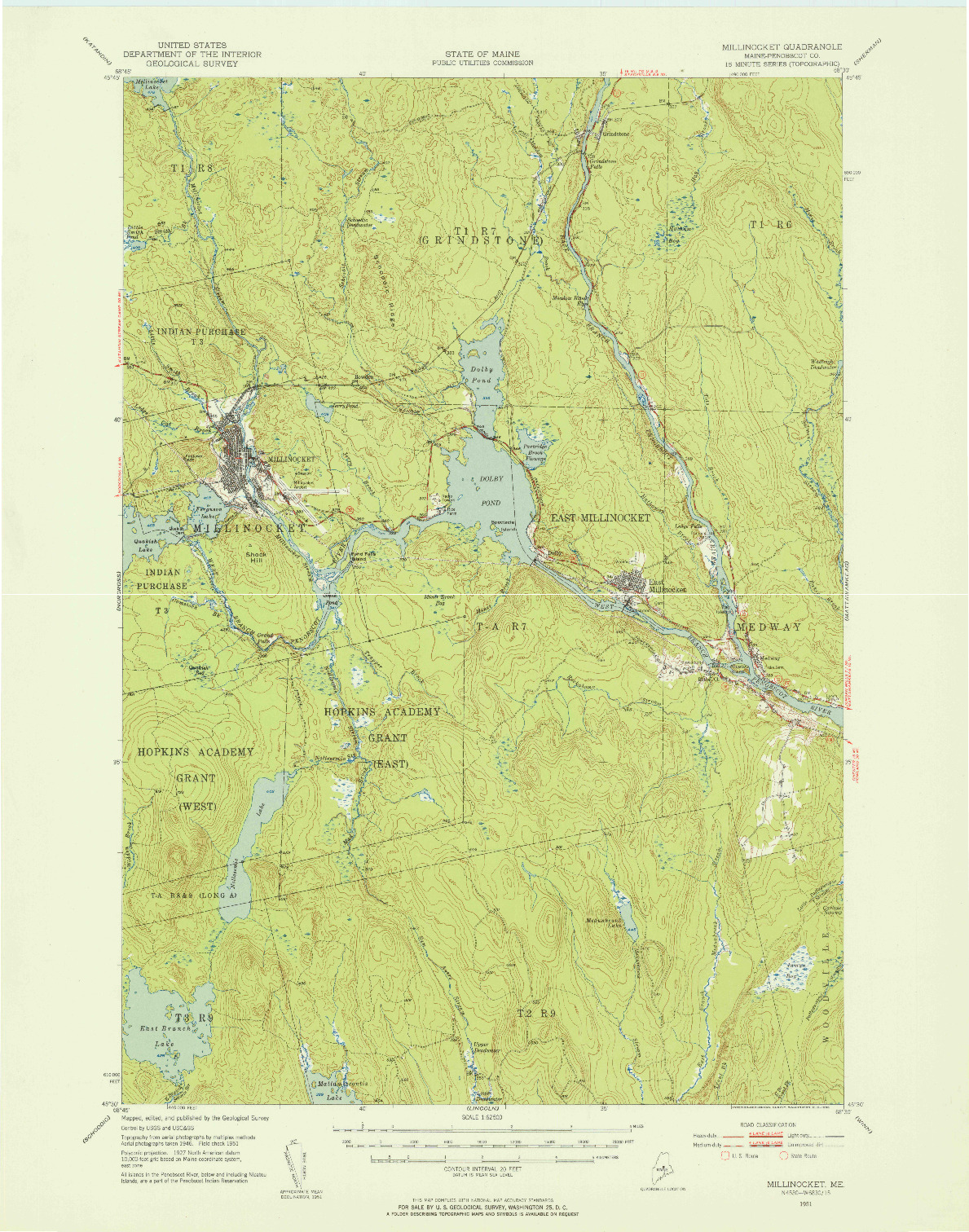 USGS 1:62500-SCALE QUADRANGLE FOR MILLINOCKET, ME 1951