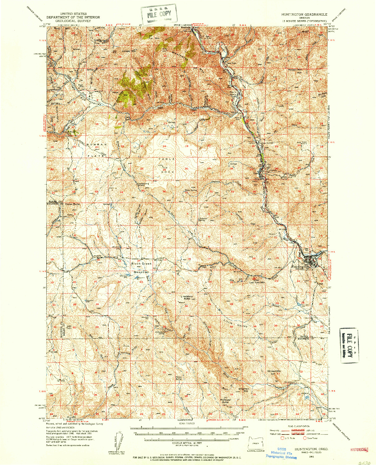 USGS 1:62500-SCALE QUADRANGLE FOR HUNTINGTON, OR 1951