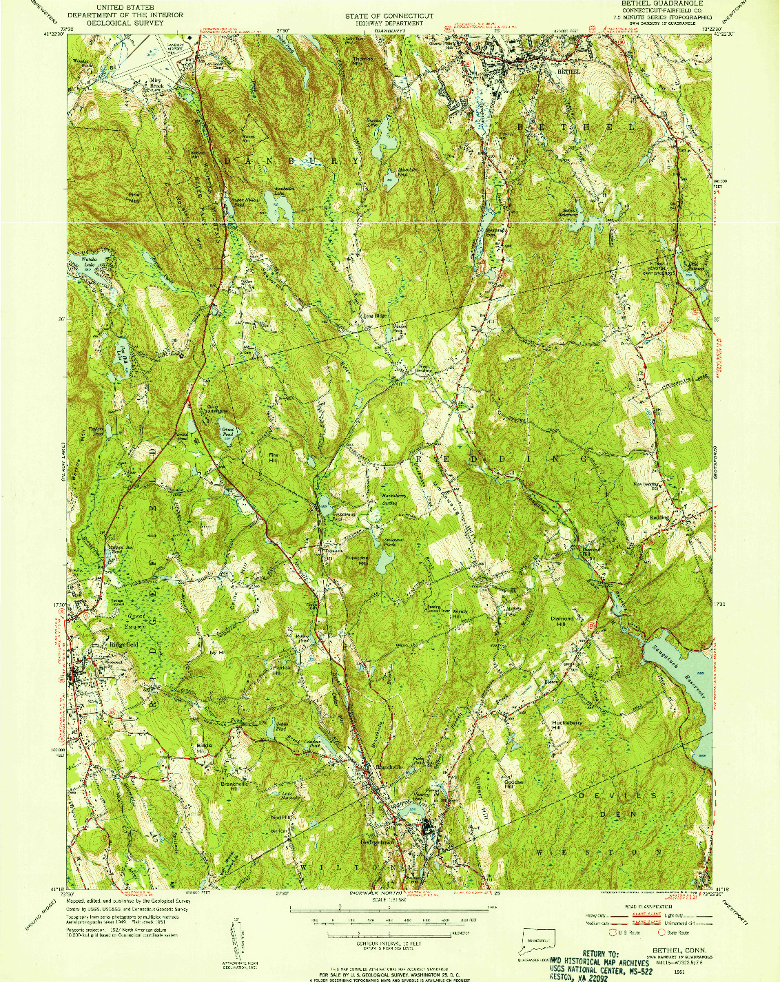 USGS 1:31680-SCALE QUADRANGLE FOR BETHEL, CT 1951