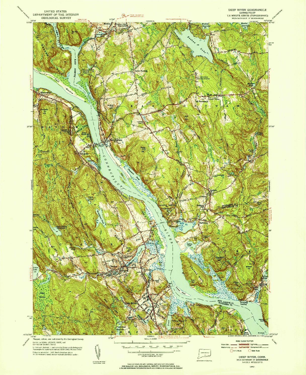 USGS 1:31680-SCALE QUADRANGLE FOR DEEP RIVER, CT 1952