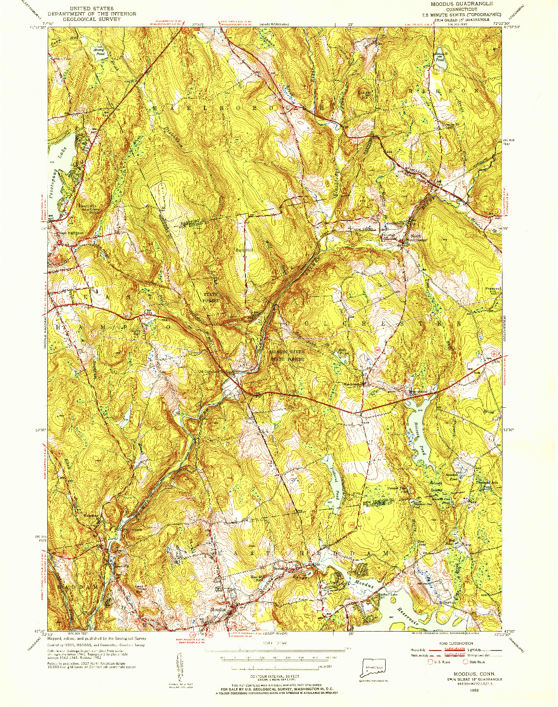 USGS 1:31680-SCALE QUADRANGLE FOR MOODUS, CT 1952