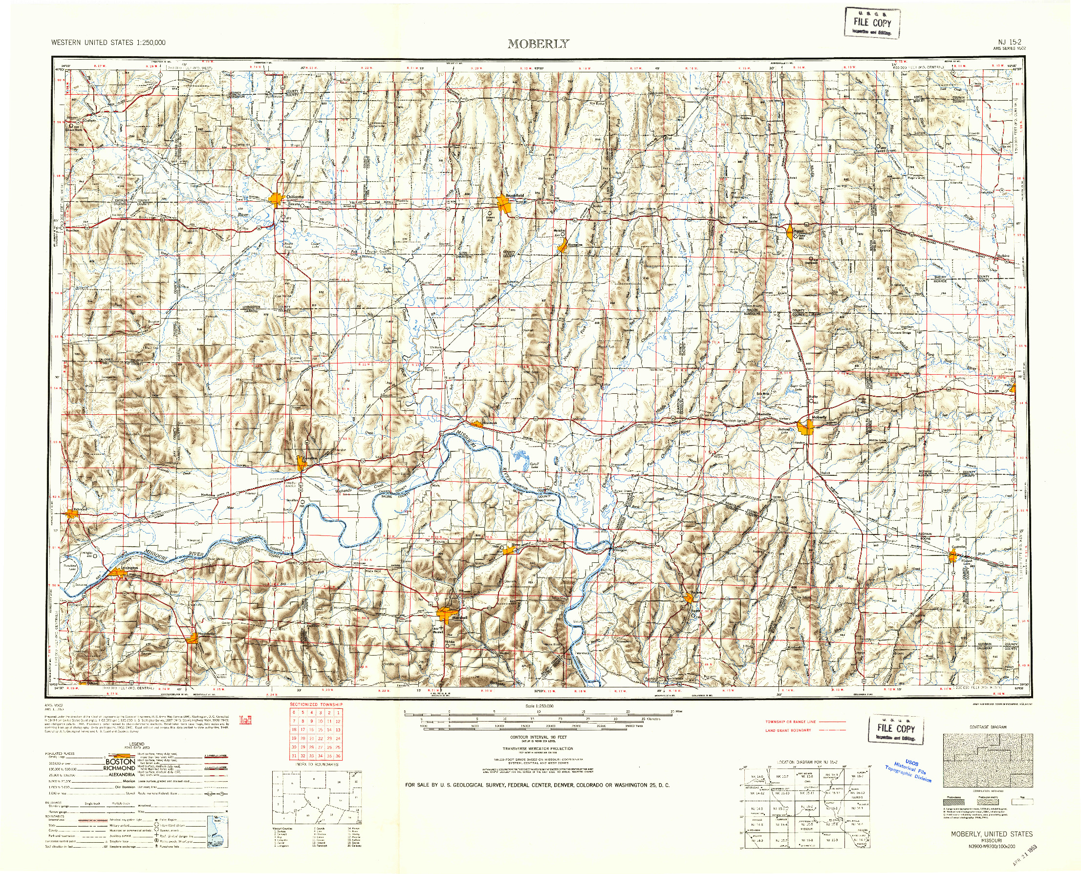 USGS 1:250000-SCALE QUADRANGLE FOR MOBERLY, MO 1953