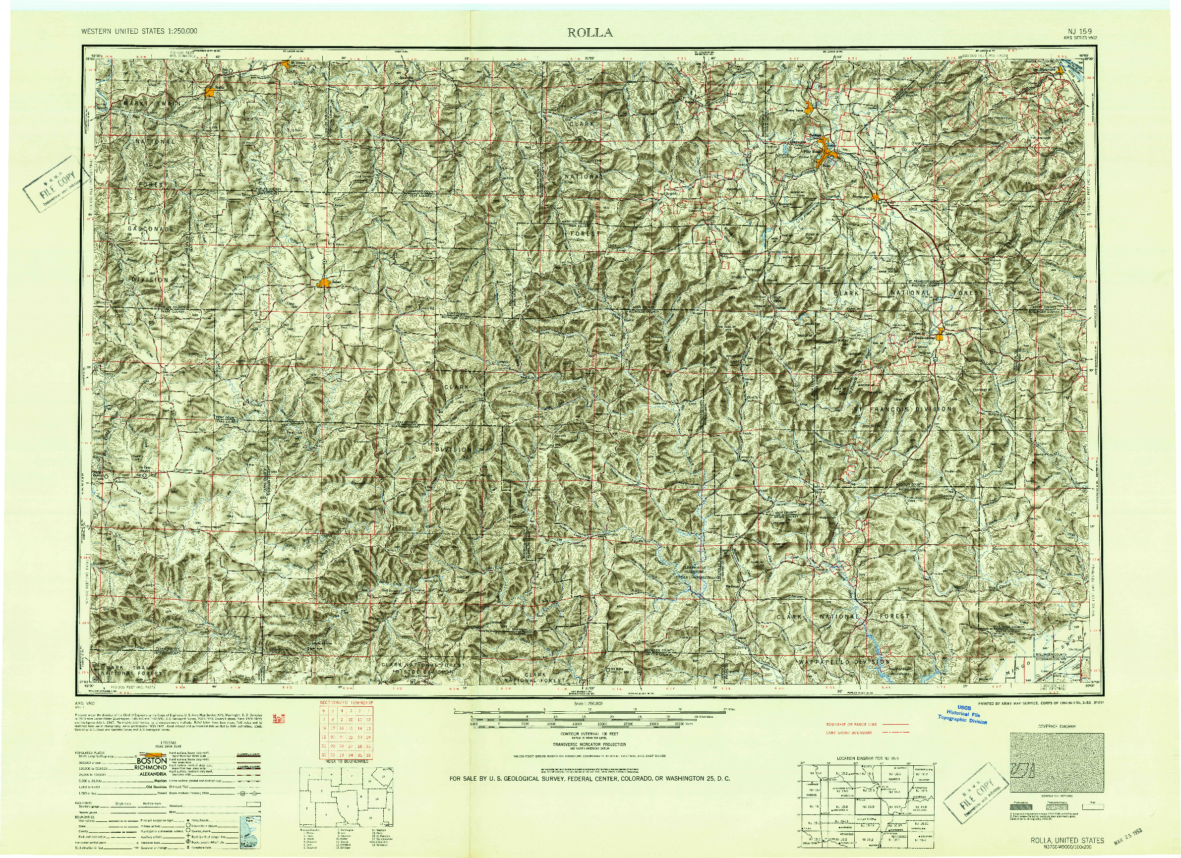 USGS 1:250000-SCALE QUADRANGLE FOR ROLLA, MO 1953