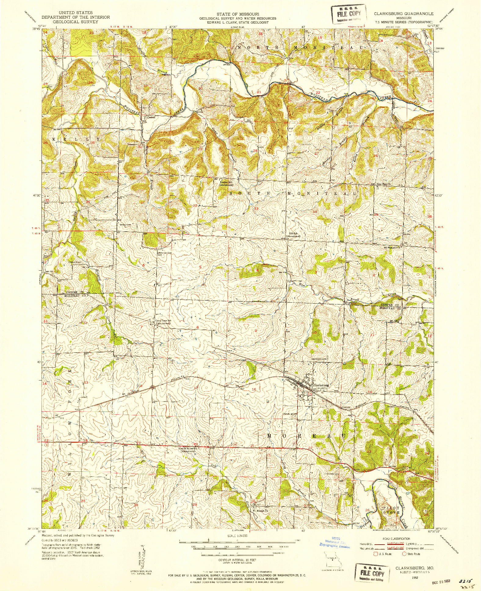 USGS 1:24000-SCALE QUADRANGLE FOR CLARKSBURG, MO 1952