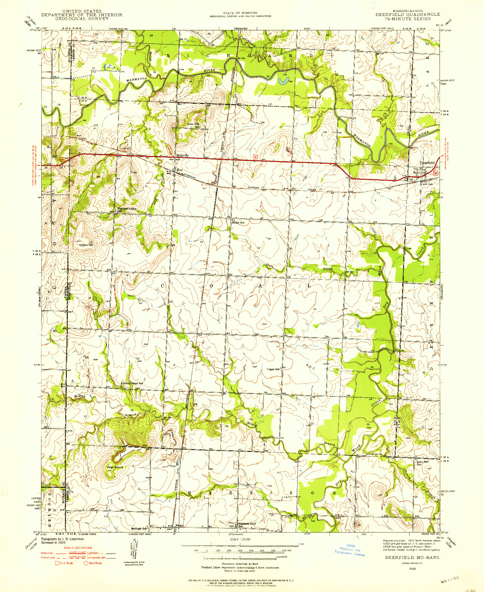 USGS 1:24000-SCALE QUADRANGLE FOR DEERFIELD, MO 1939