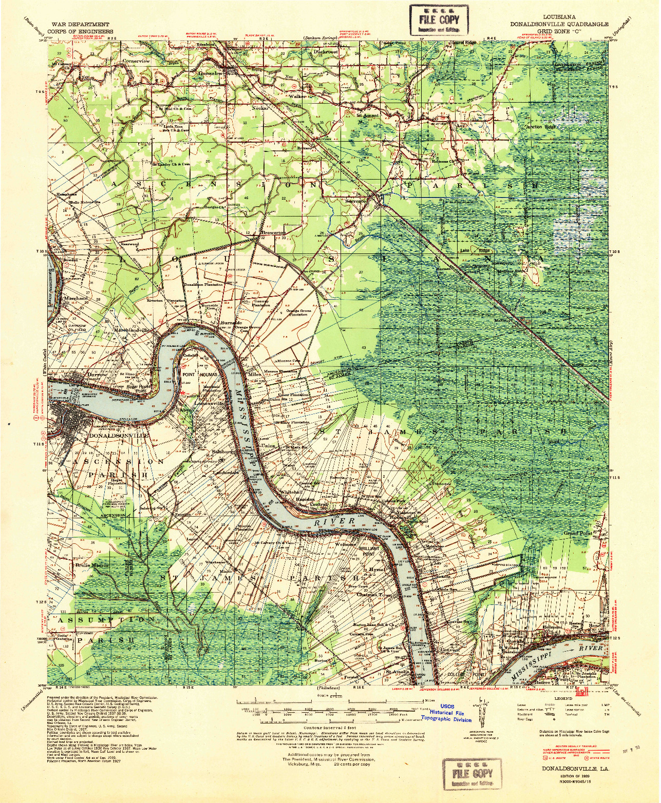 USGS 1:62500-SCALE QUADRANGLE FOR DONALDSONVILLE, LA 1939