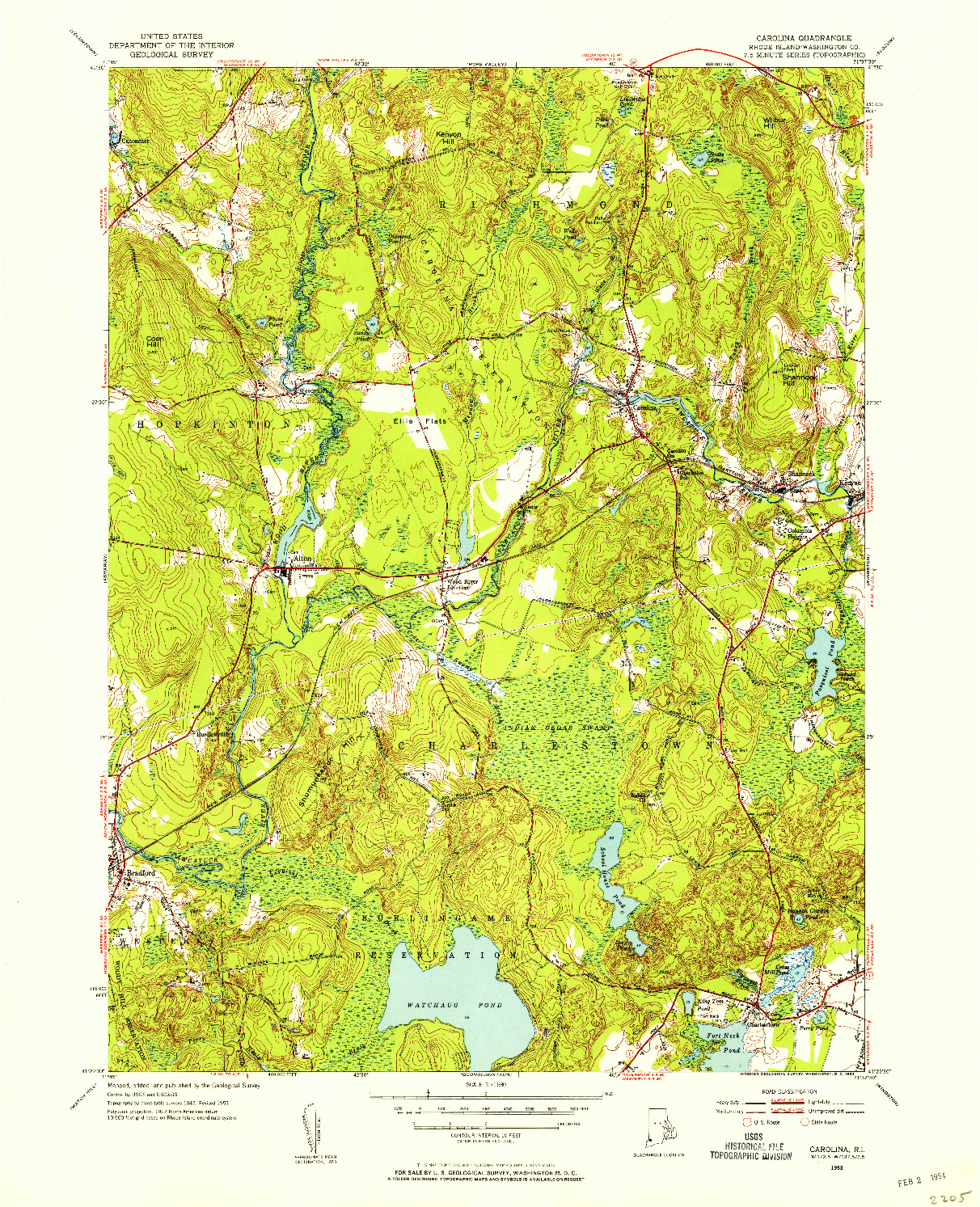 USGS 1:31680-SCALE QUADRANGLE FOR CAROLINA, RI 1953