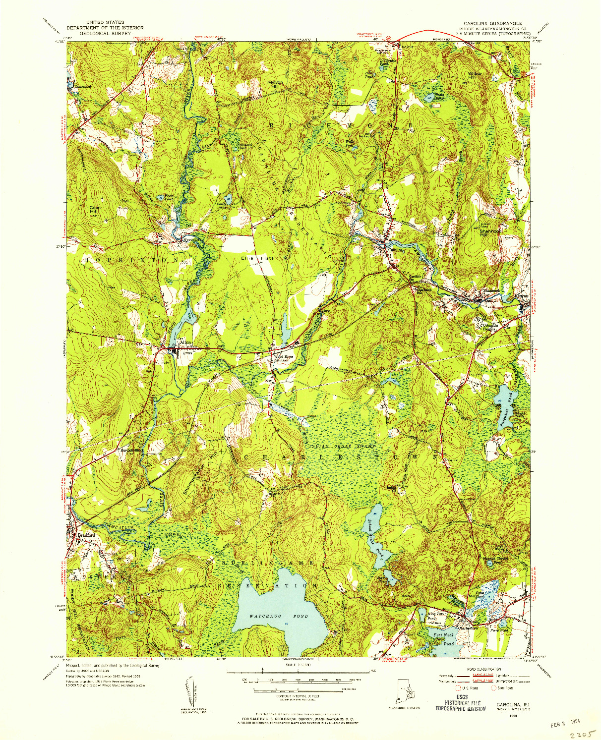 USGS 1:31680-SCALE QUADRANGLE FOR CAROLINA, RI 1953