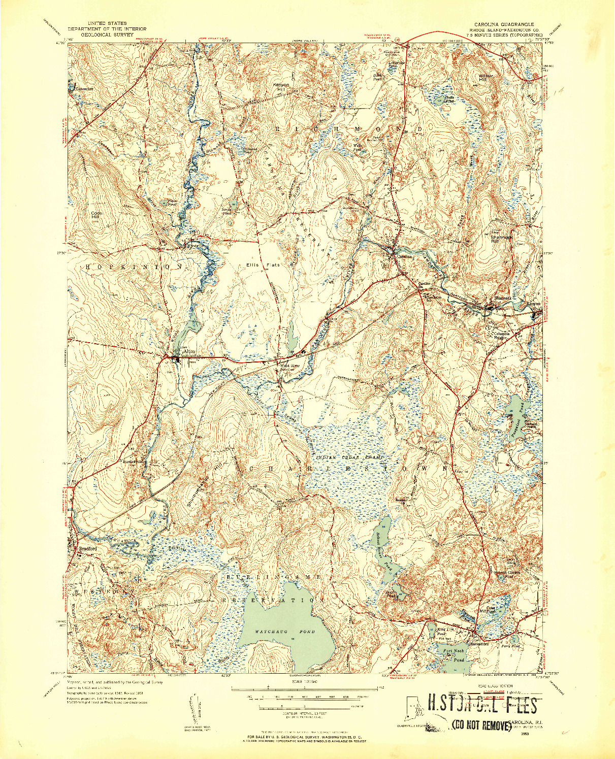 USGS 1:31680-SCALE QUADRANGLE FOR CAROLINA, RI 1953