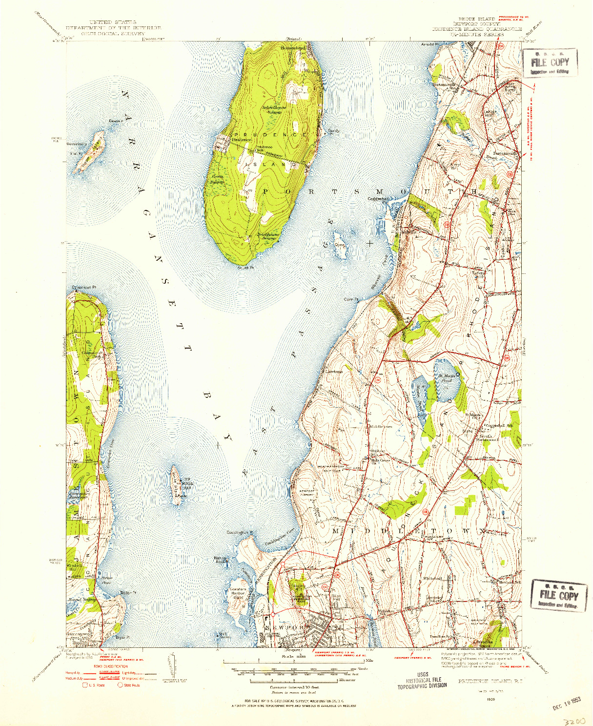 USGS 1:31680-SCALE QUADRANGLE FOR PRUDENCE ISLAND, RI 1939