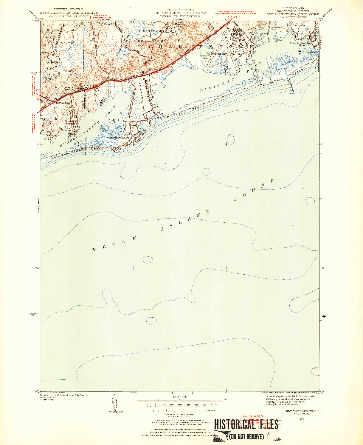 USGS 1:31680-SCALE QUADRANGLE FOR QUONOCHONTAUG, RI 1953