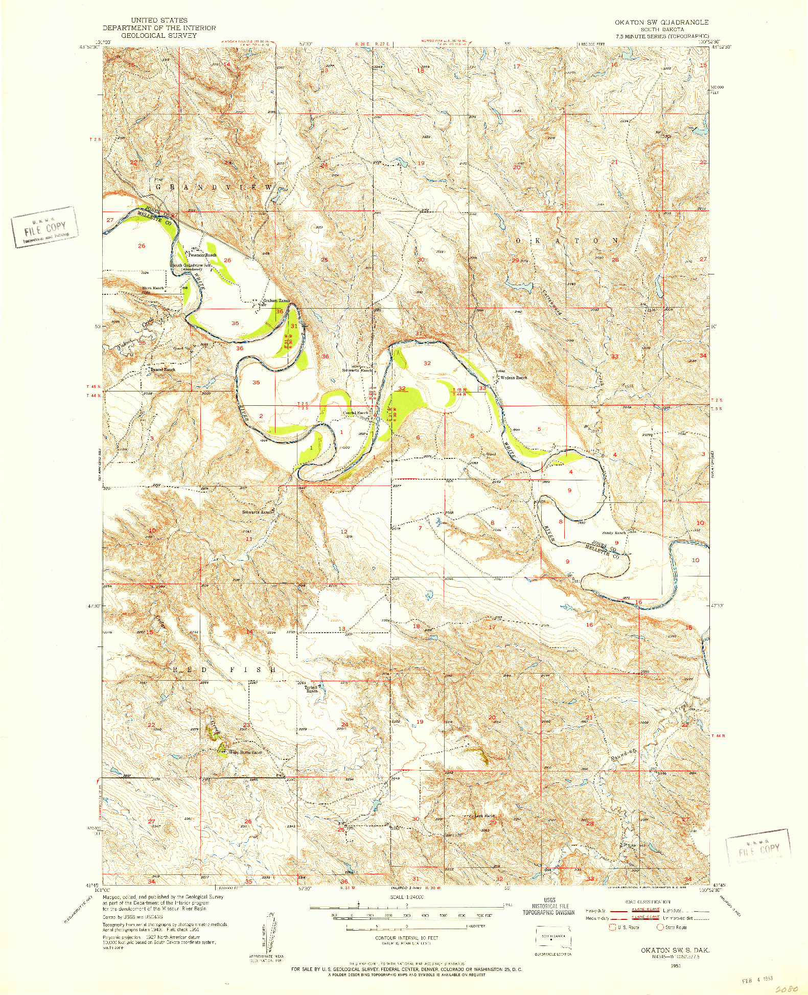 USGS 1:24000-SCALE QUADRANGLE FOR OKATON SW, SD 1951