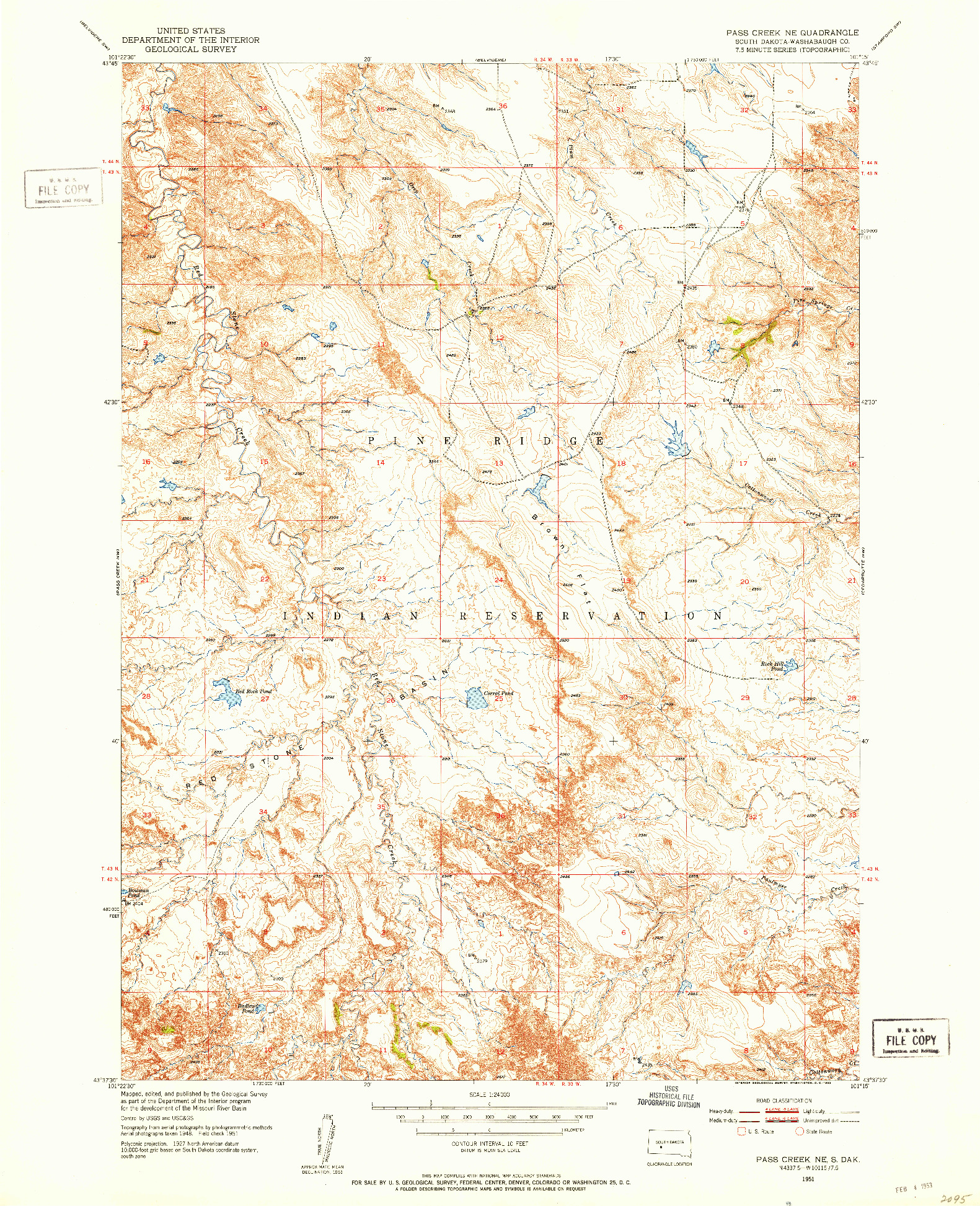 USGS 1:24000-SCALE QUADRANGLE FOR PASS CREEK NE, SD 1951