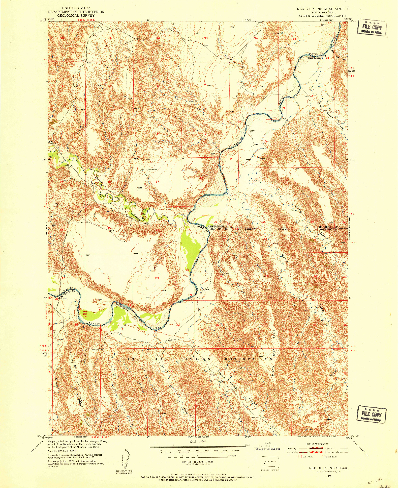 USGS 1:24000-SCALE QUADRANGLE FOR RED SHIRT NE, SD 1951