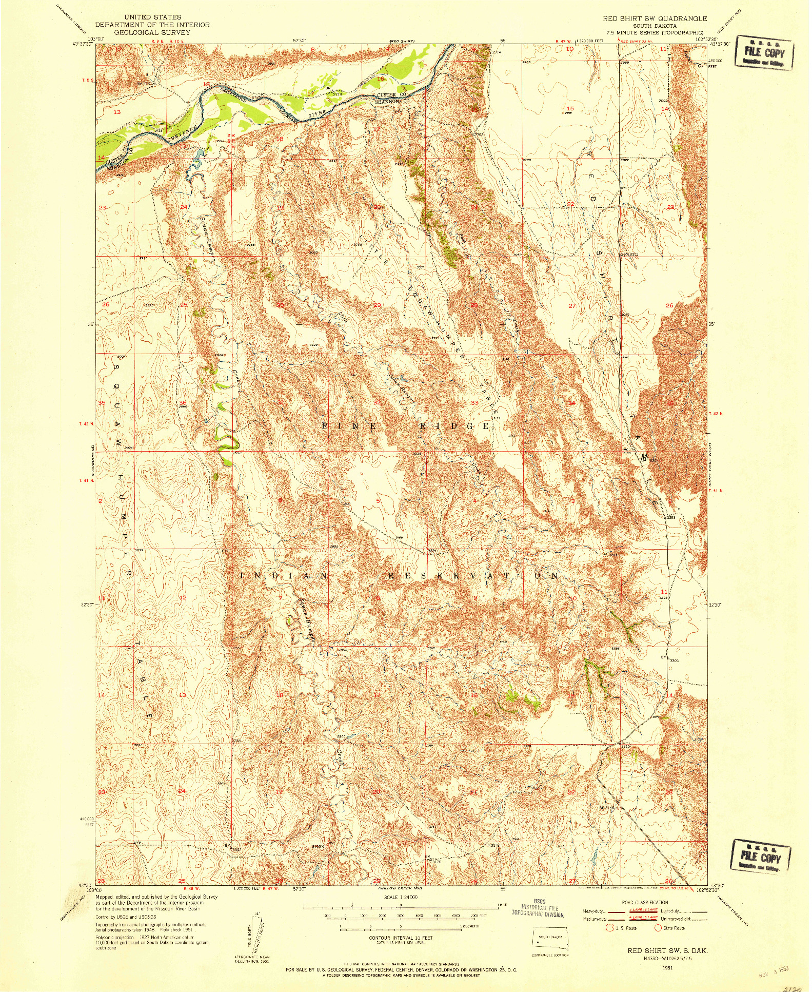 USGS 1:24000-SCALE QUADRANGLE FOR RED SHIRT SW, SD 1951