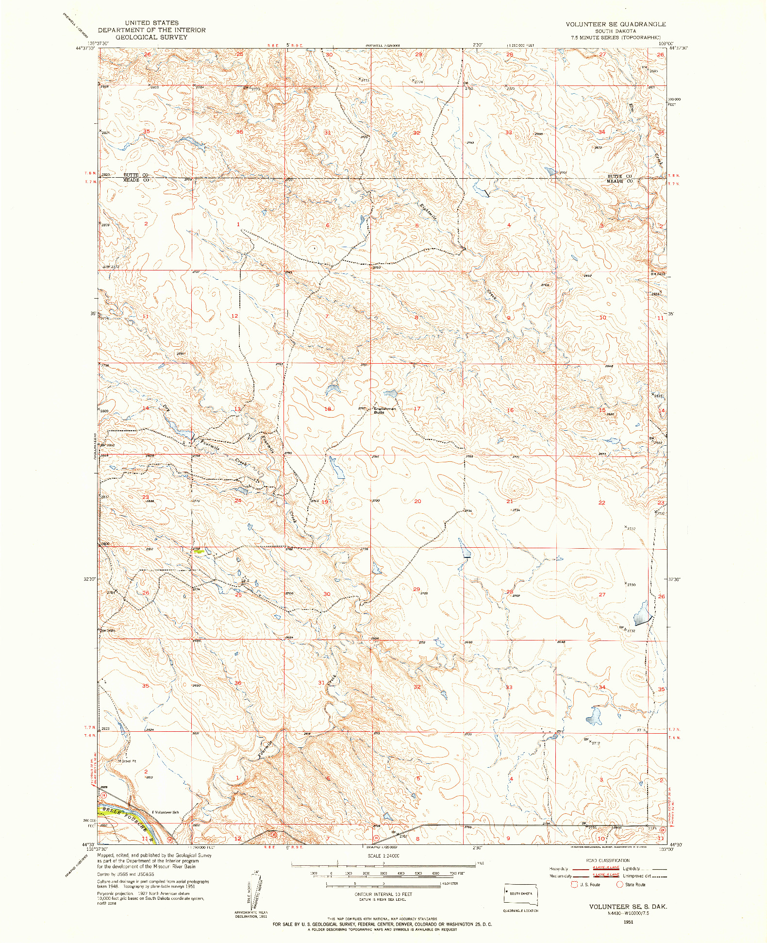 USGS 1:24000-SCALE QUADRANGLE FOR VOLUNTEER SE, SD 1951