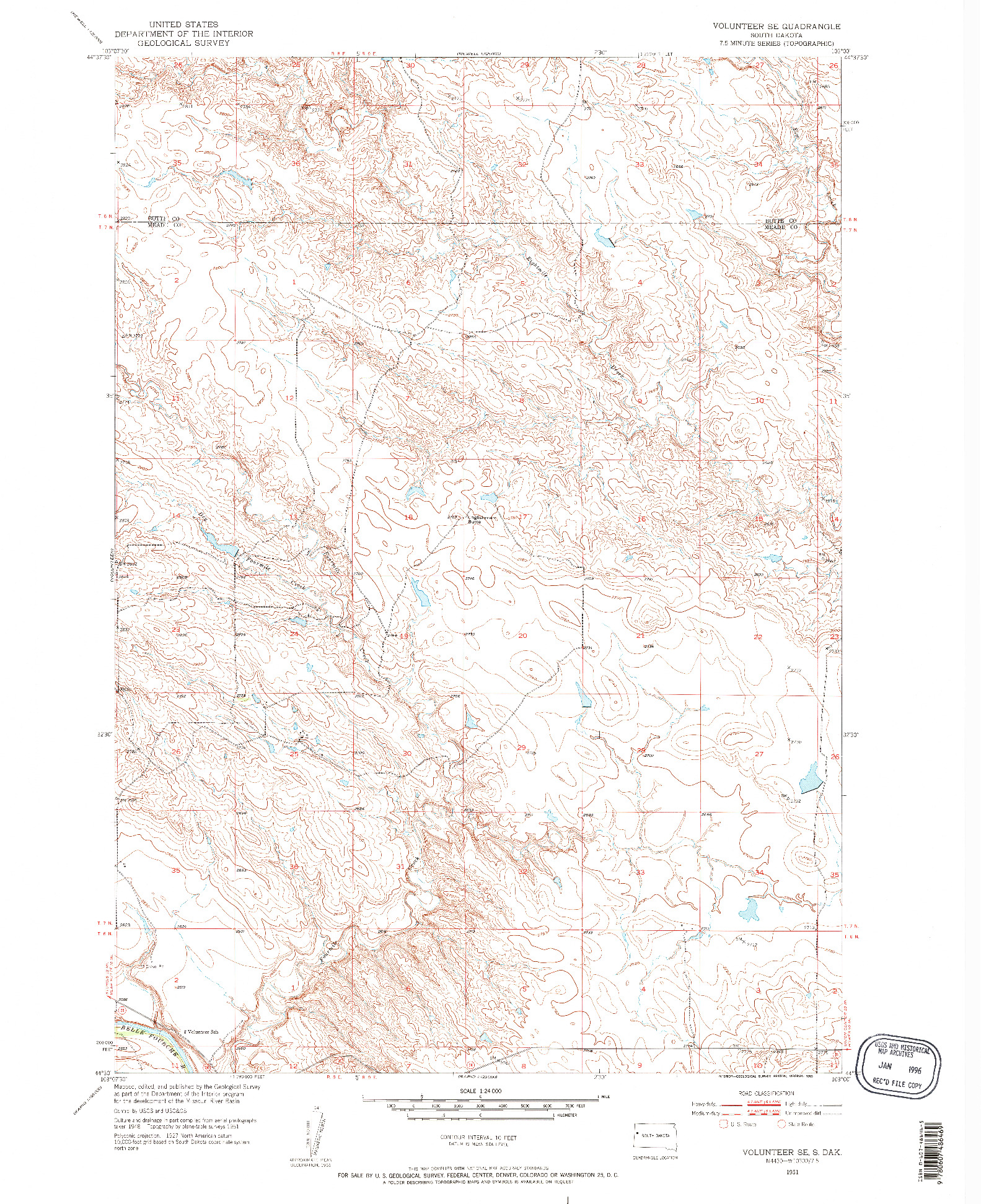 USGS 1:24000-SCALE QUADRANGLE FOR VOLUNTEER SE, SD 1951