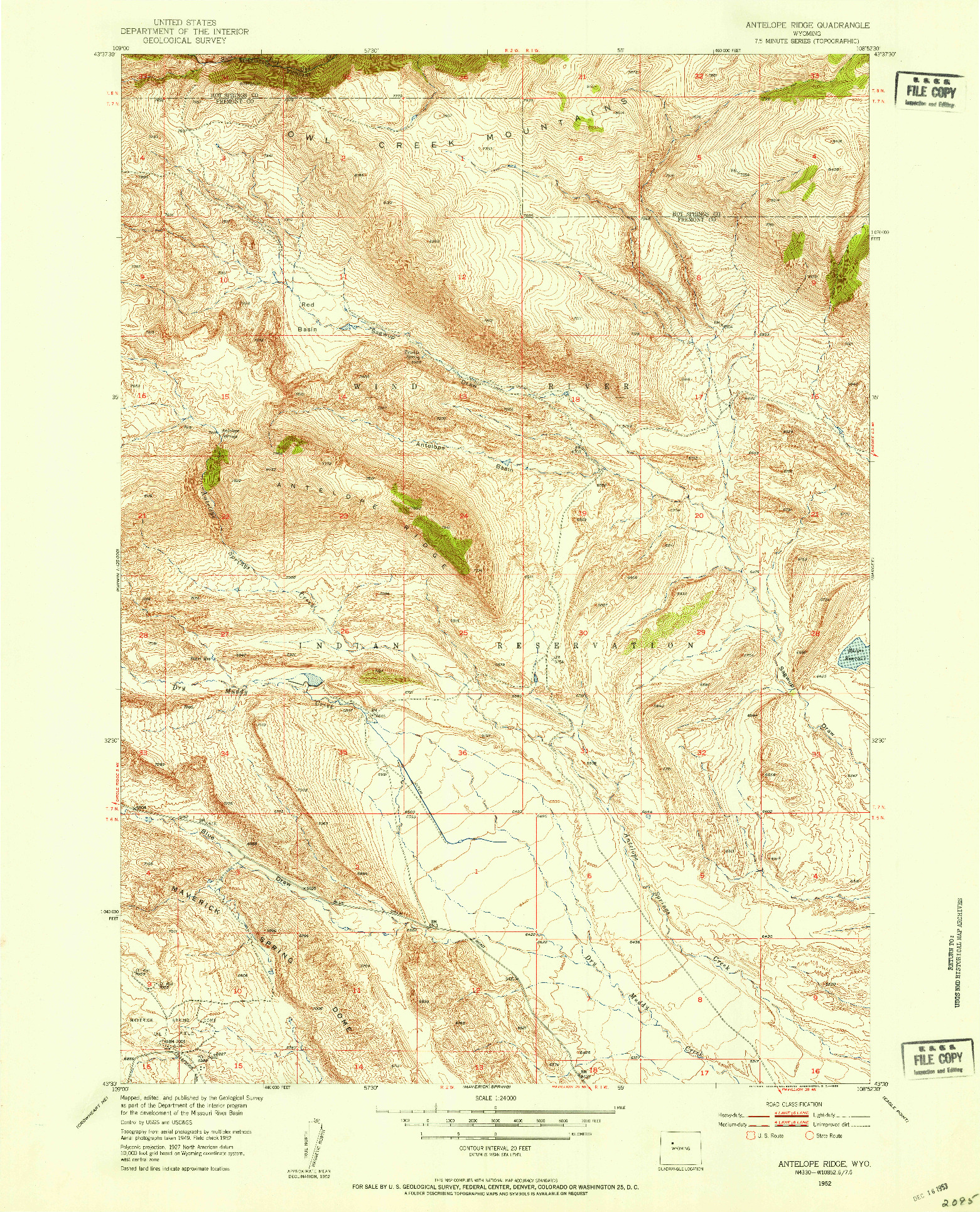 USGS 1:24000-SCALE QUADRANGLE FOR ANTELOPE RIDGE, WY 1952