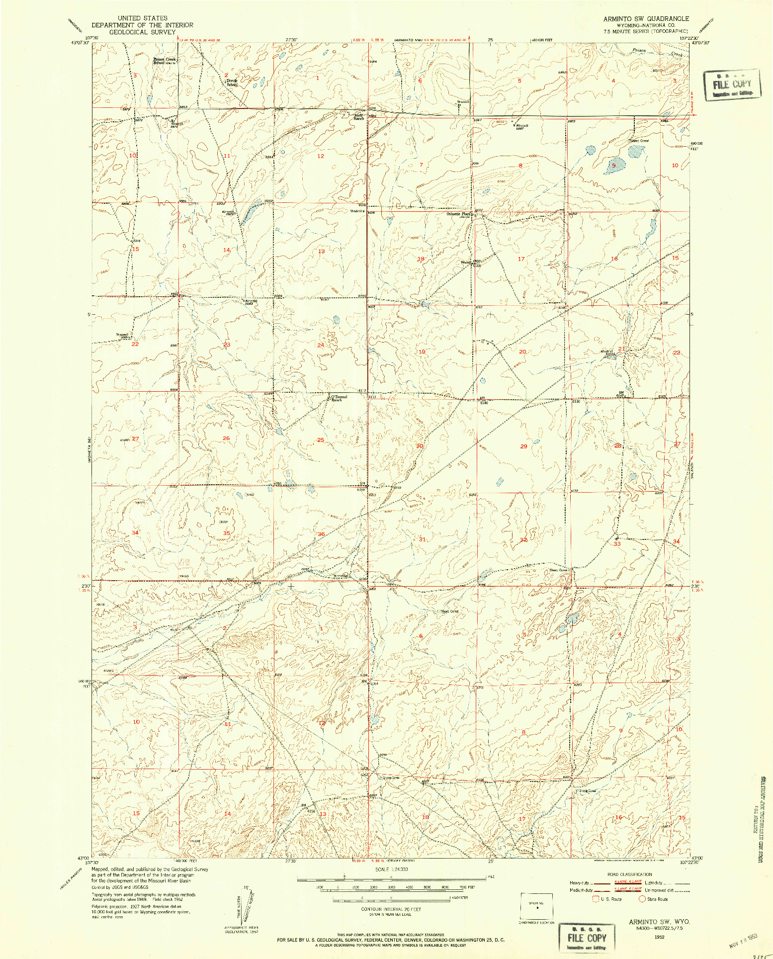 USGS 1:24000-SCALE QUADRANGLE FOR ARMINTO SW, WY 1952