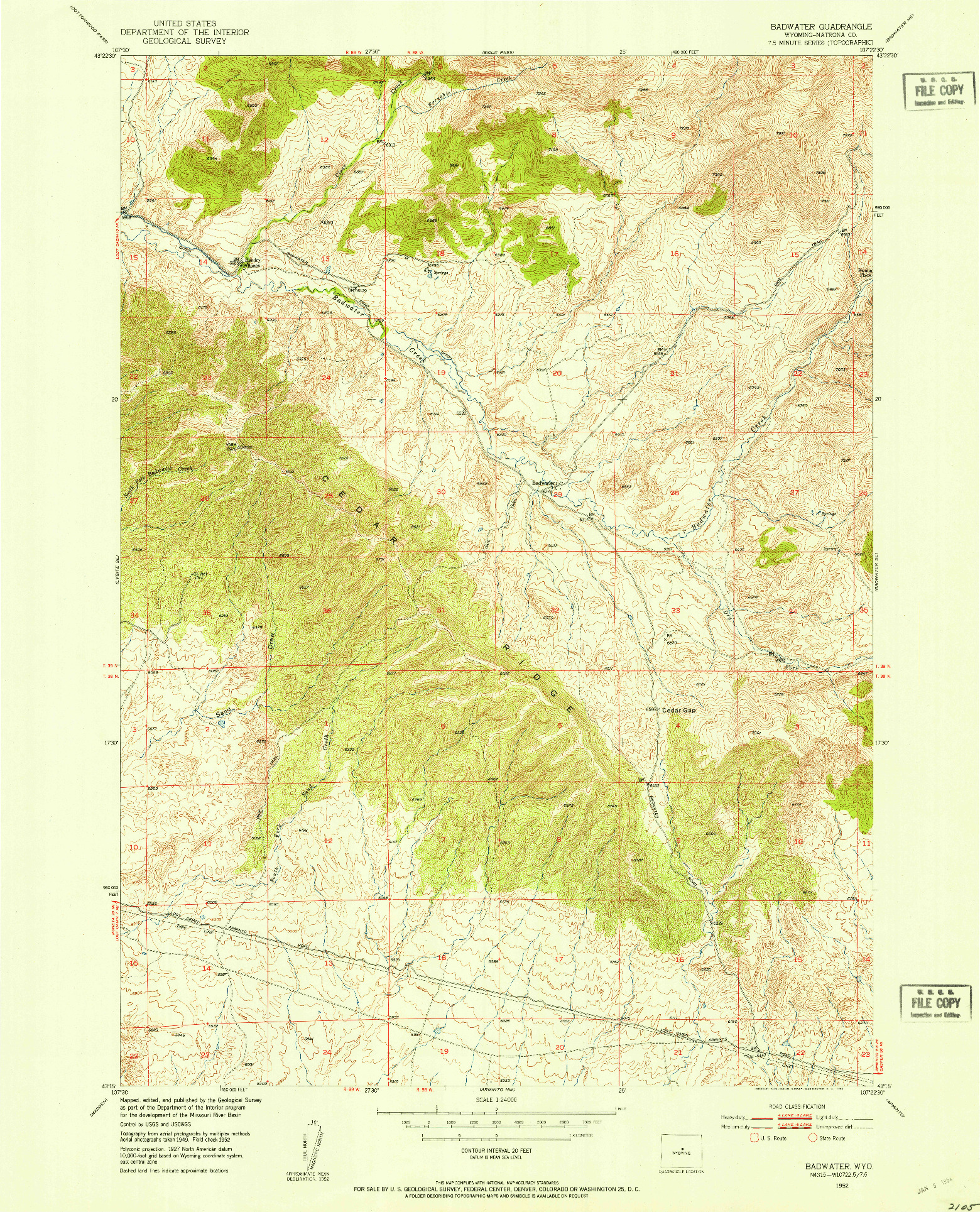 USGS 1:24000-SCALE QUADRANGLE FOR BADWATER, WY 1952