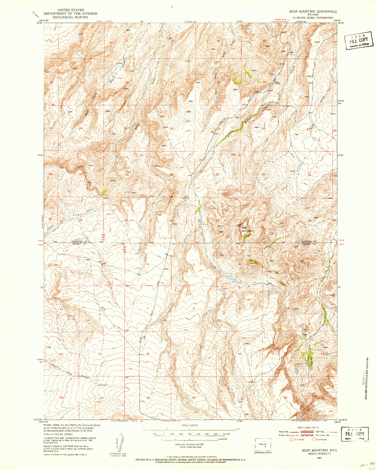 USGS 1:24000-SCALE QUADRANGLE FOR BEAR MOUNTAIN, WY 1951