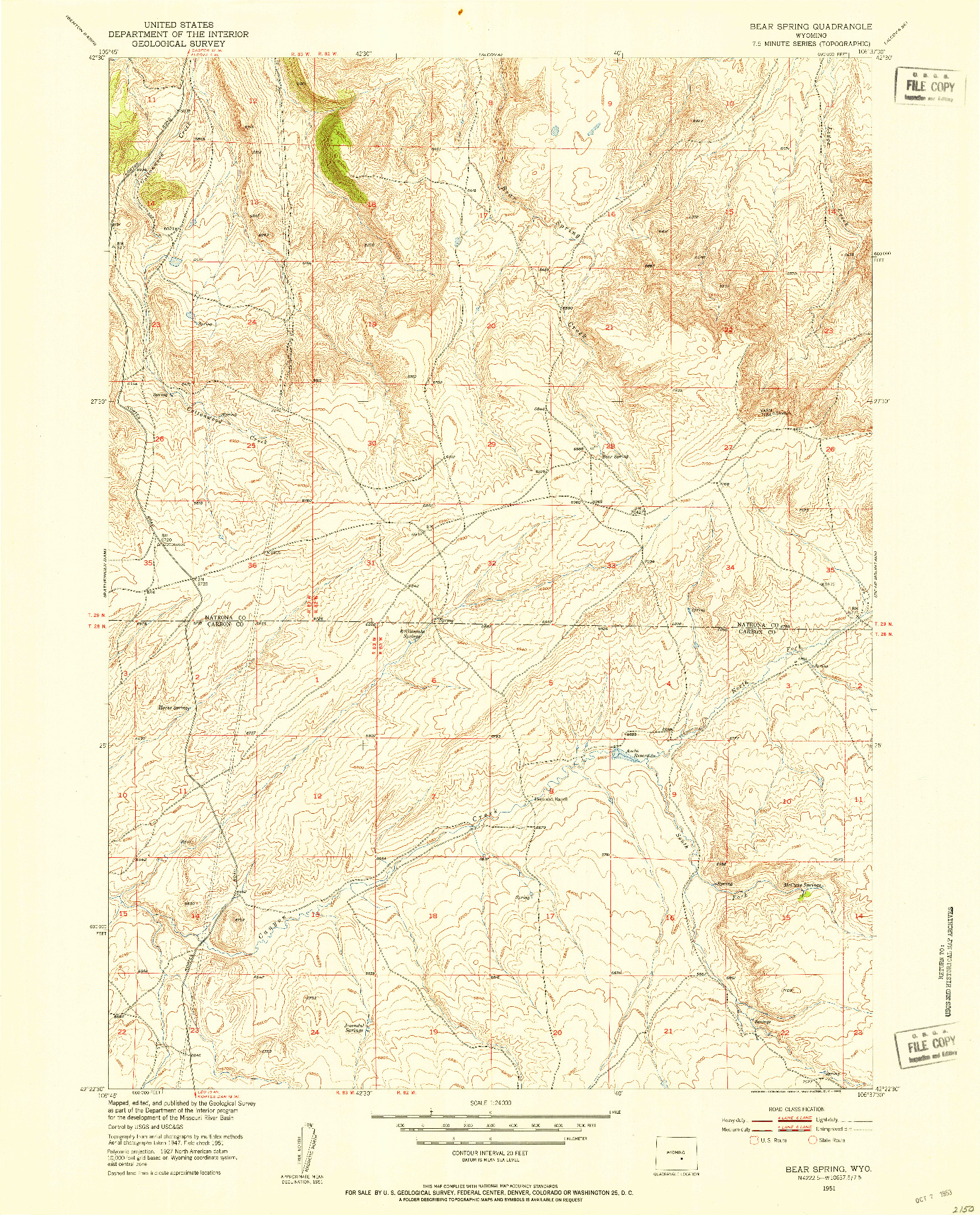 USGS 1:24000-SCALE QUADRANGLE FOR BEAR SPRING, WY 1951