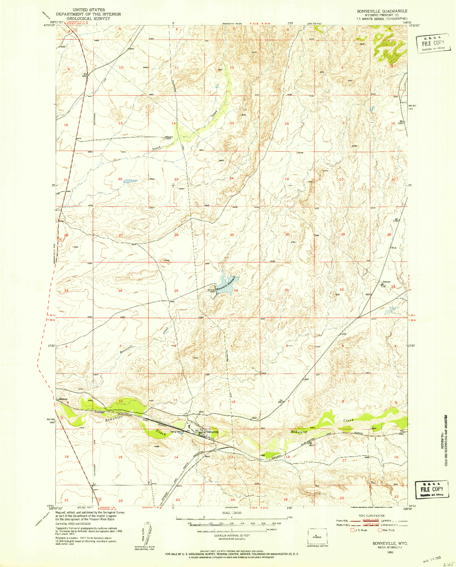 USGS 1:24000-SCALE QUADRANGLE FOR BONNEVILLE, WY 1951